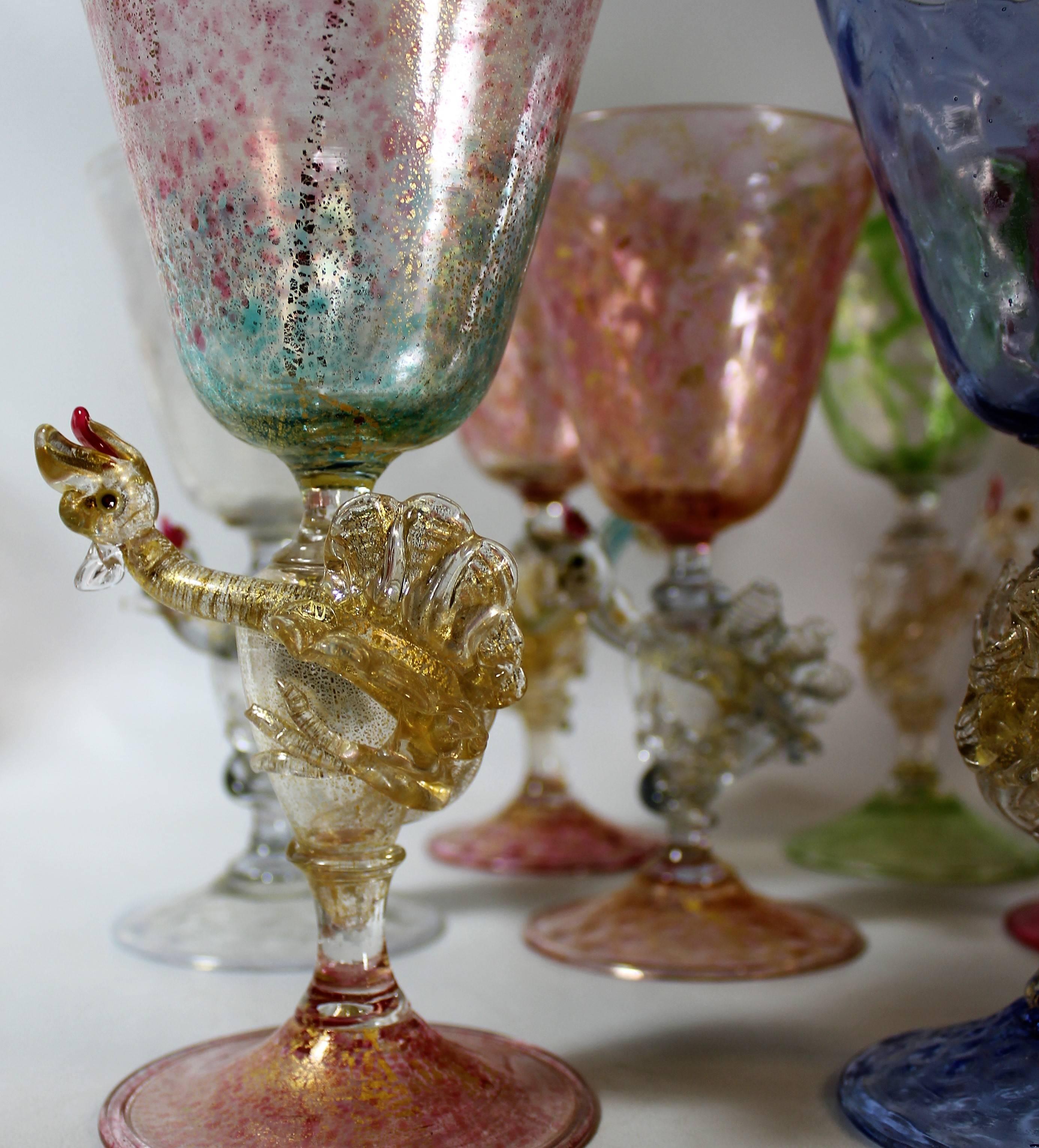 Twelve Salviati Murano Dragon Goblets, Handblown Venetian Glass In Good Condition In Hamilton, Ontario