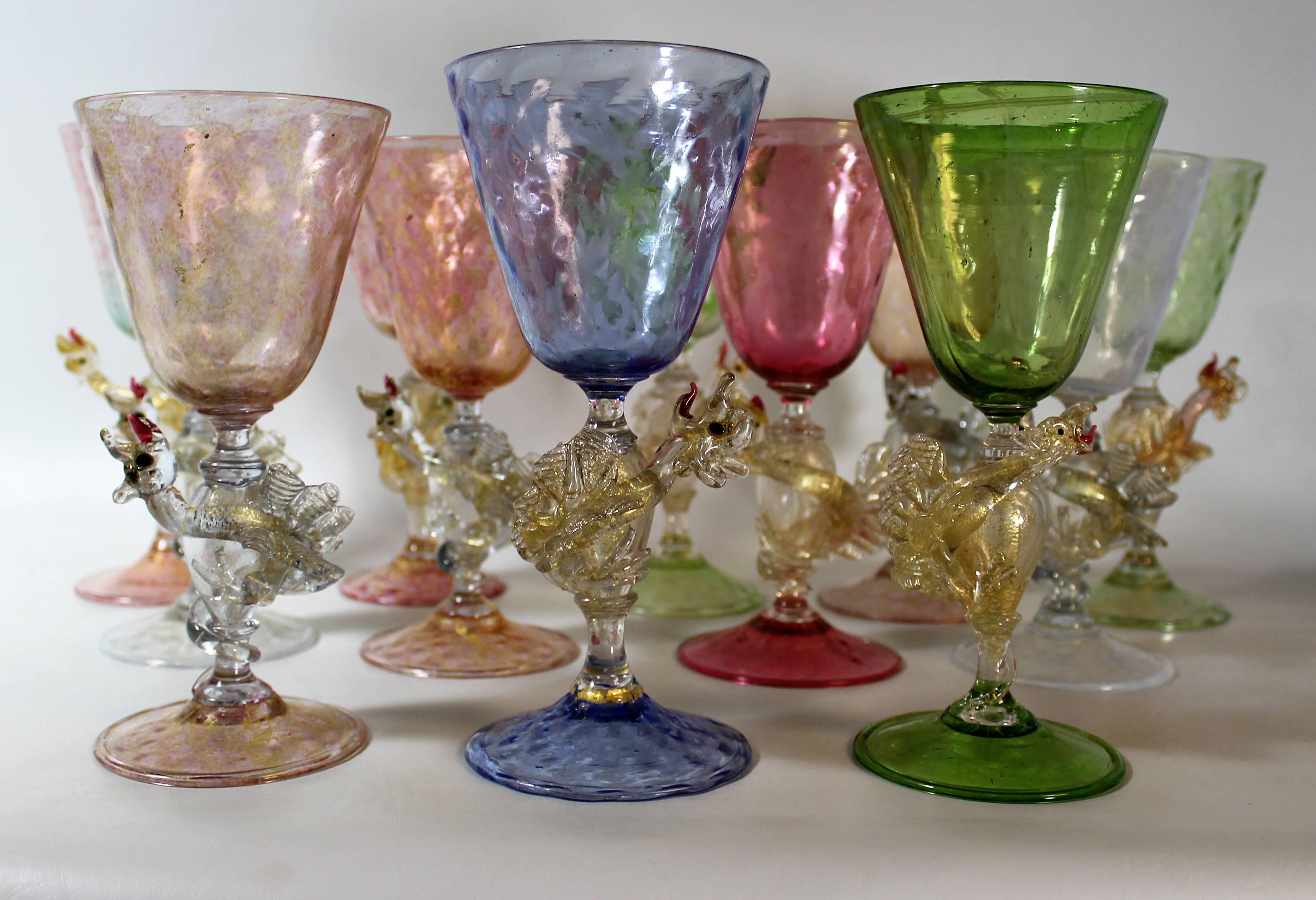 Twelve assorted Salviati Murano dragon goblets, handblown Venetian glass.