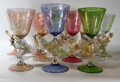 Twelve Salviati Murano Dragon Goblets, Handblown Venetian Glass