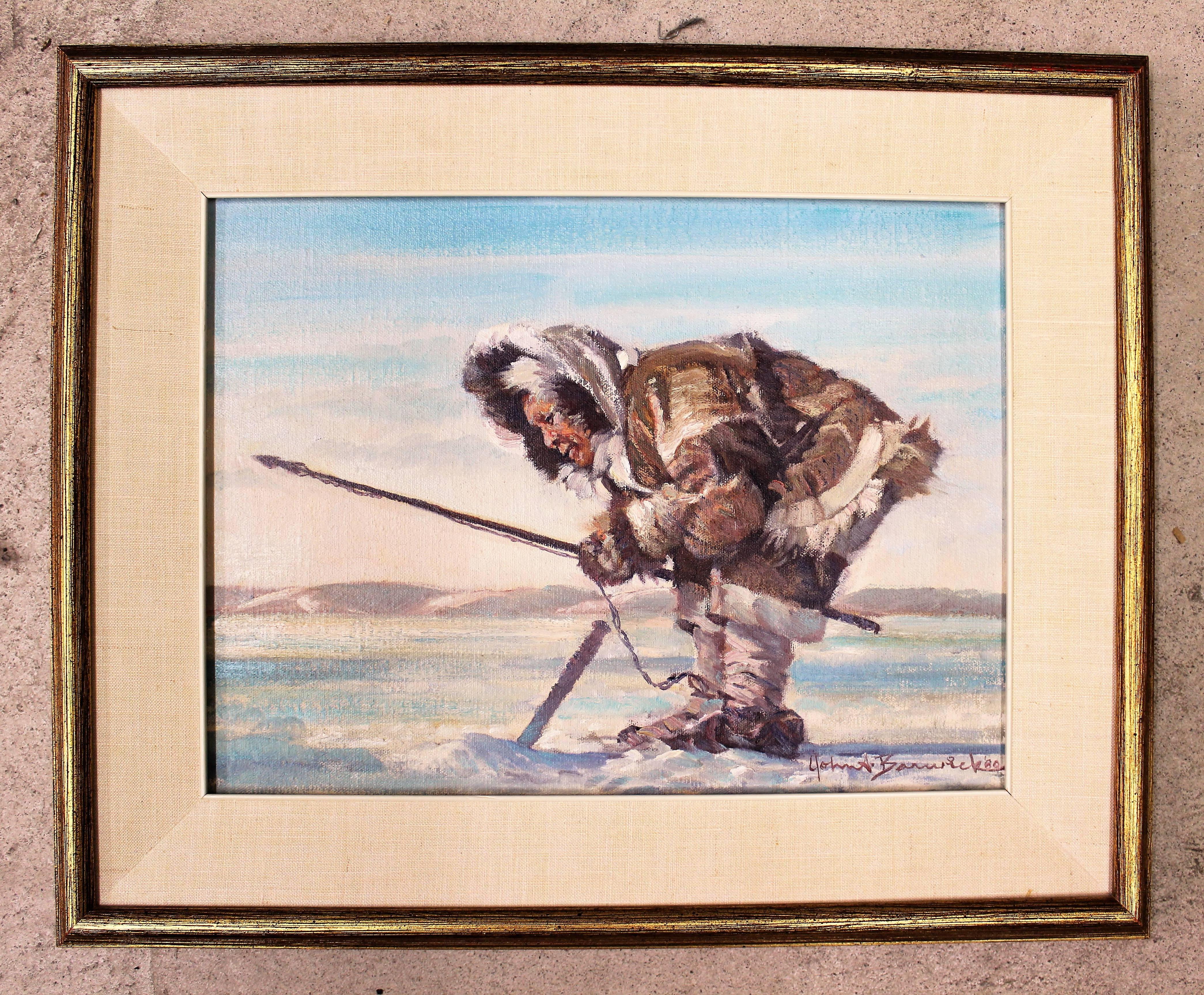 John Alfred Barwick oil painting (Canadian born 1912)
Titled: 'Patienter' (the seal breathing hole)
Location: Pond Inlet - Baffin Island

Size without frame: 12" high x 18" wide
Size with frame: 17 3/4" high x 21 3/4" wide.