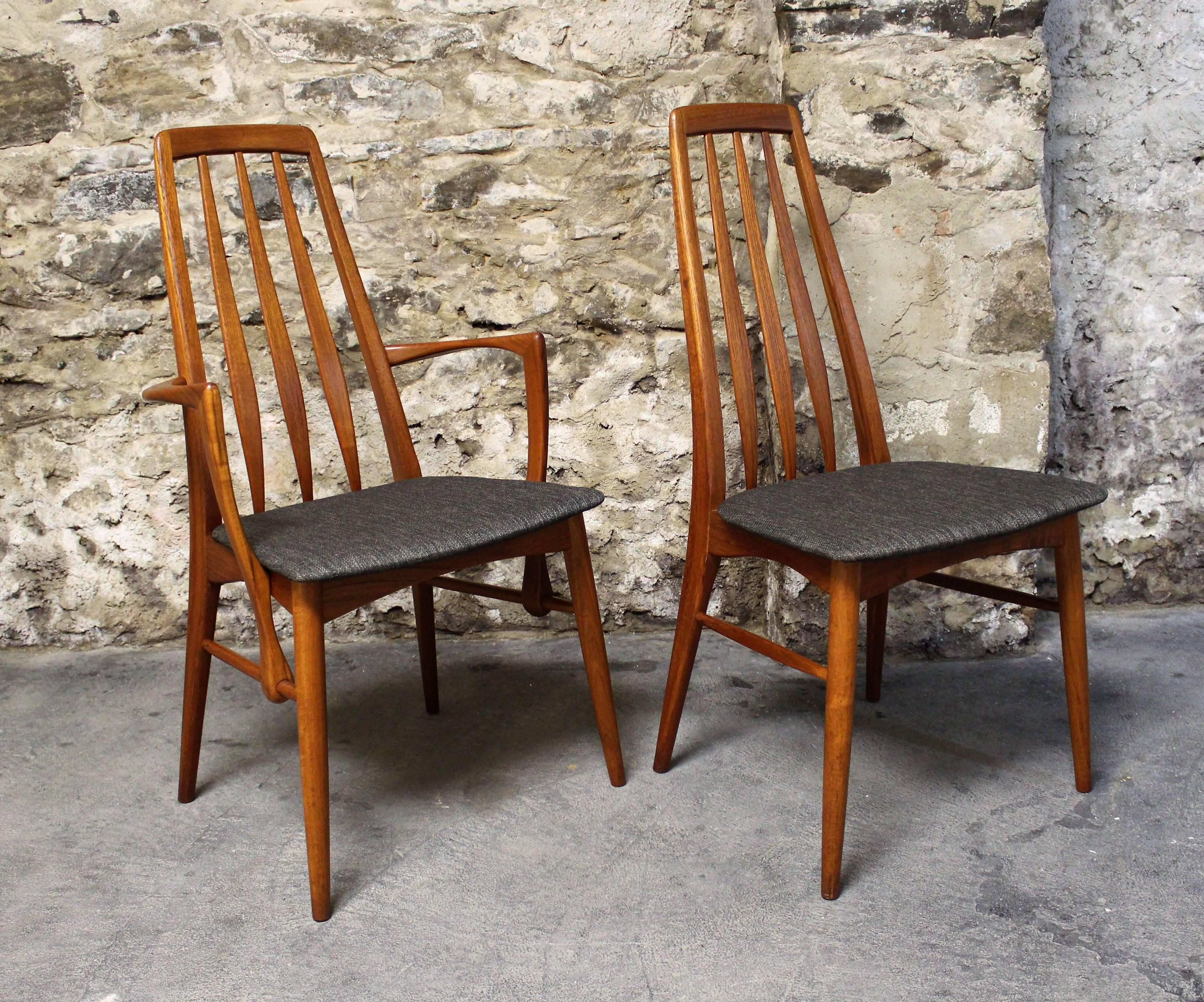 Set of six Danish teak "Eva" dining chairs by Niels Koefoed for Koefoed Hornslet newly upholstered in black fabric. Includes two armchairs.
2 Armchair measurements:
37.75" high x 21" wide x 20" deep
4 other chairs