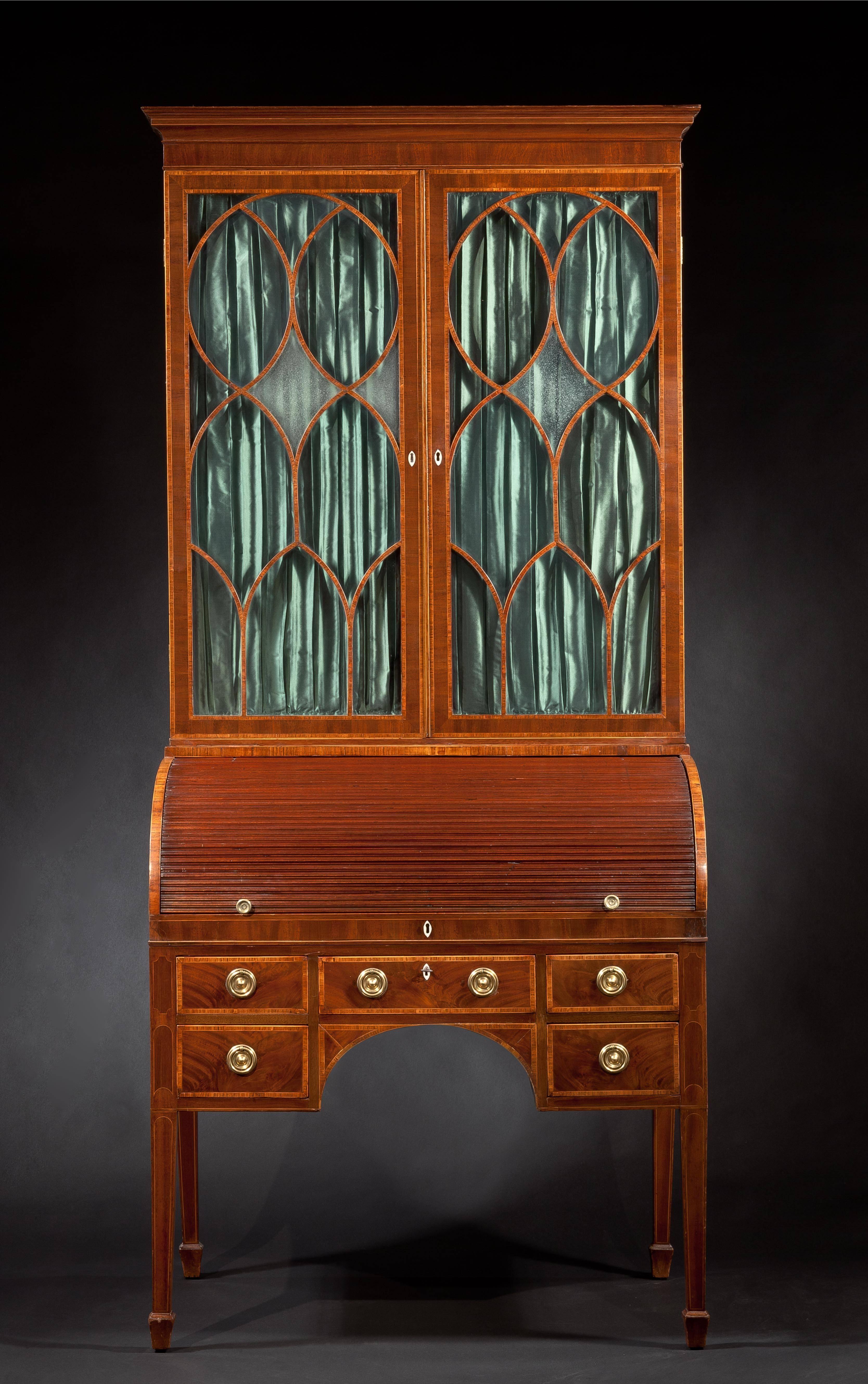 American Important Federal Inlaid Mahogany Tambour Cylinder Secretary Bookcase
