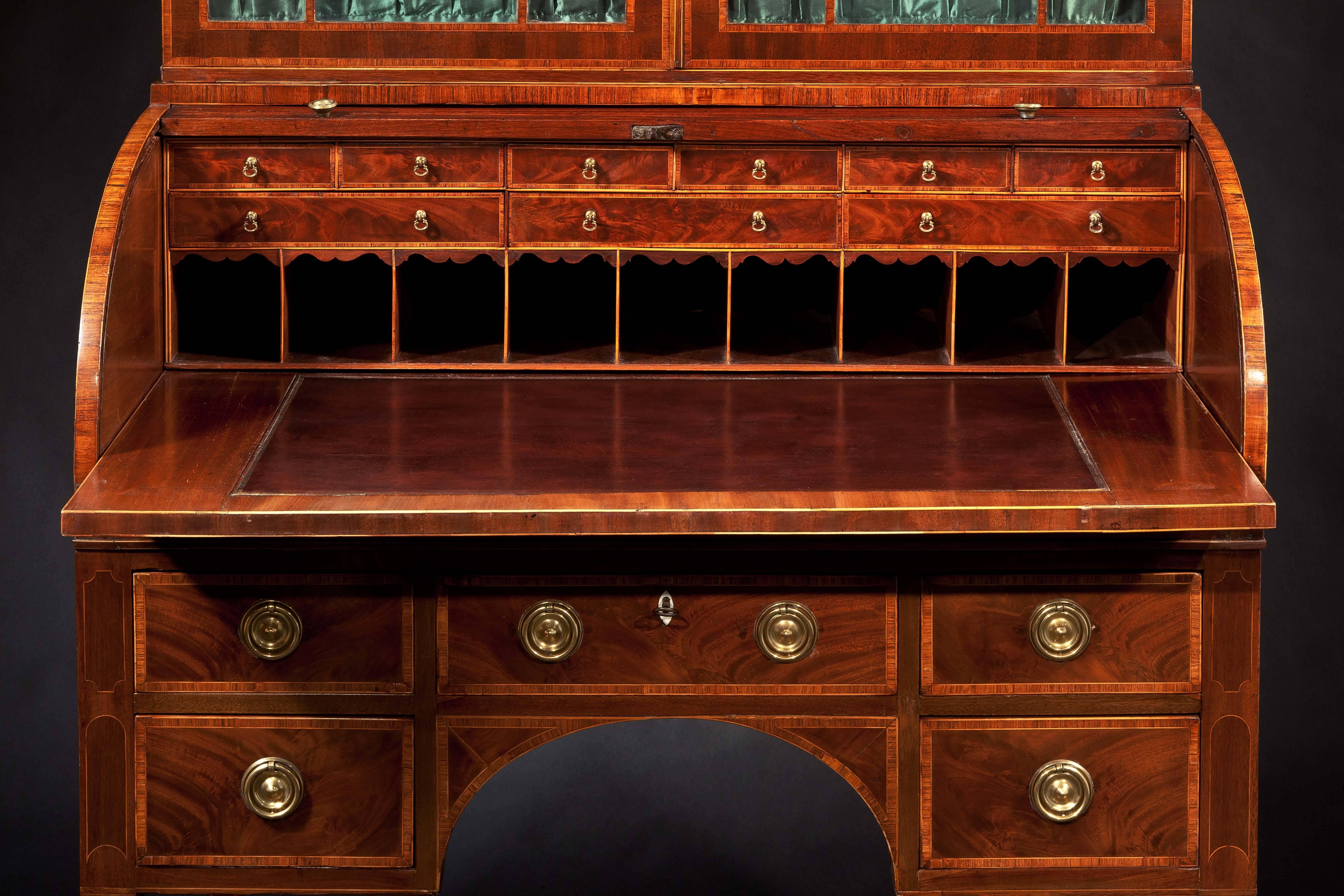 Important Federal Inlaid Mahogany Tambour Cylinder Secretary Bookcase In Excellent Condition In New York, NY