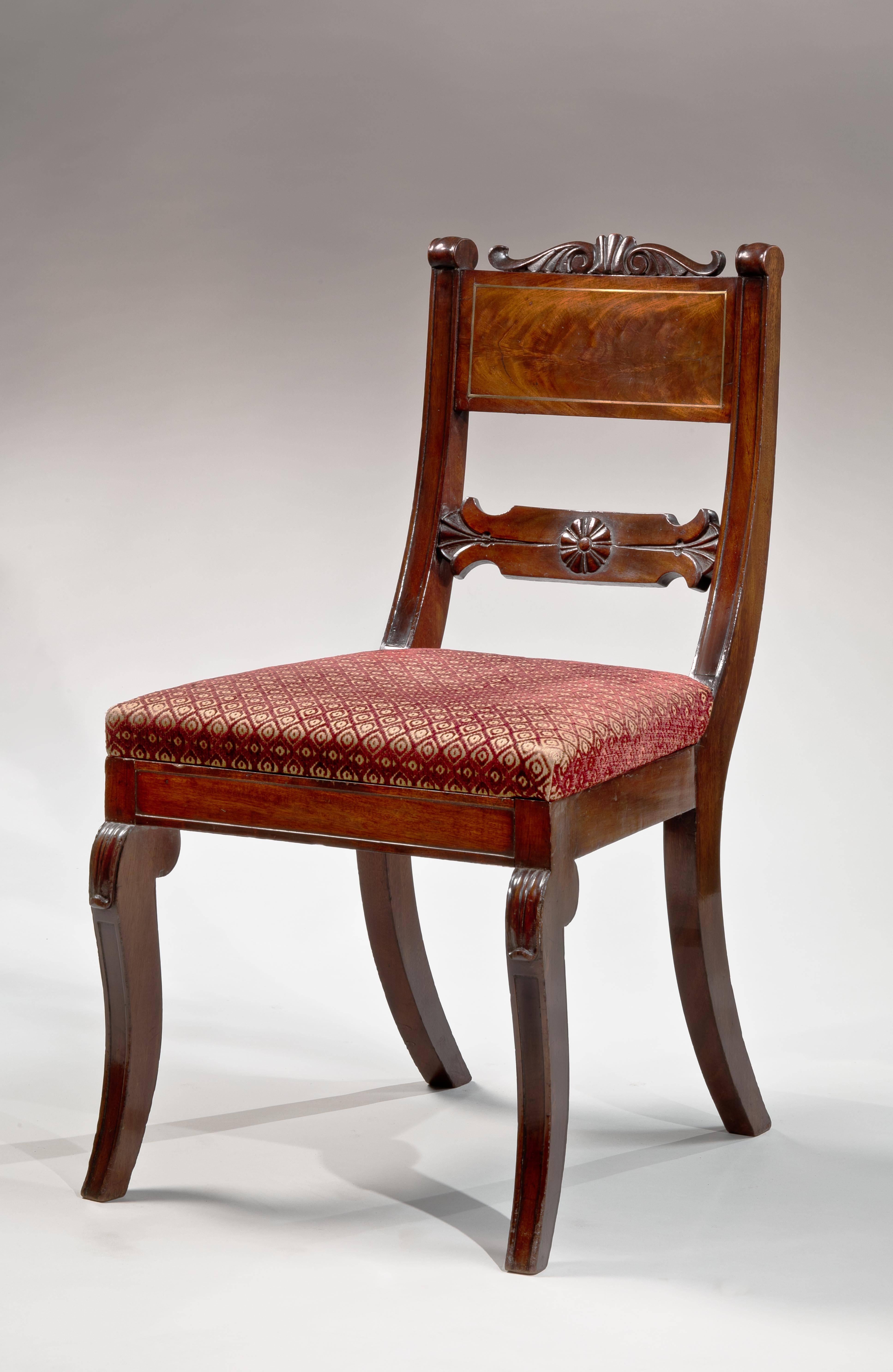 Neoclassical Set of Four Brass-Inlaid Carved Mahogany Klismos Chairs