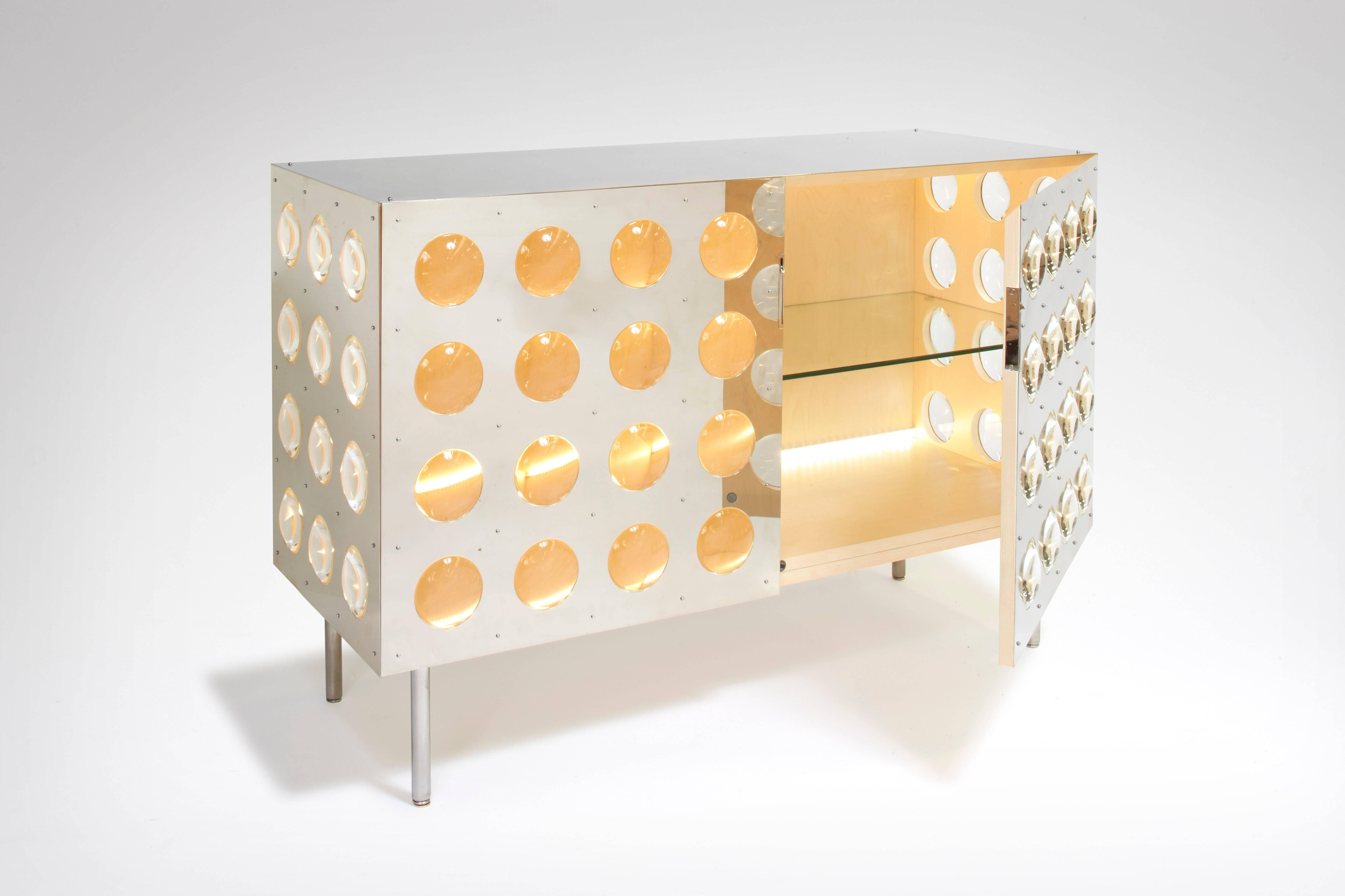 French SPINOZA Sideboard. Red copper and custom glass lenses. by Patrick Naggar For Sale