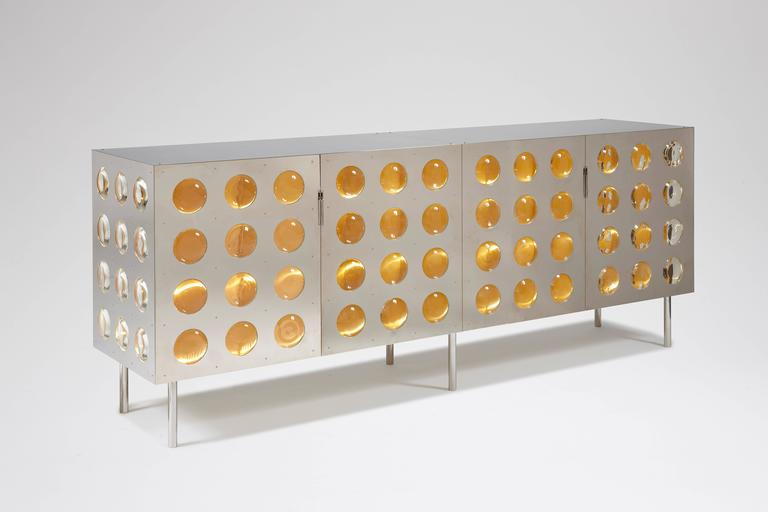 Contemporary Spinoza Sideboard.  Nickel-plated brass and custom glass lenses.  Patrick Naggar For Sale