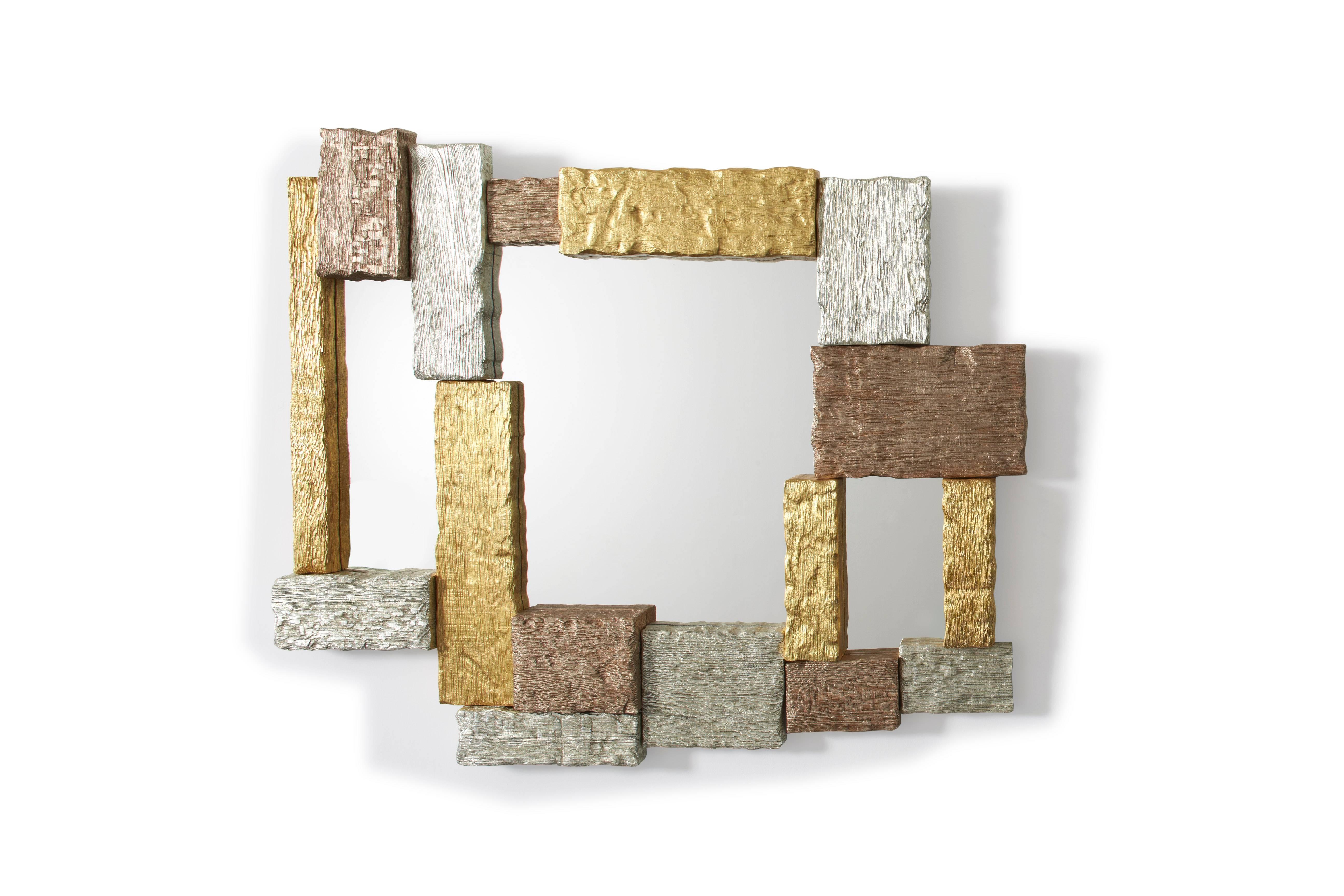 French MUR Mirror, Scarified Oak and Elmwood, Gold Leaves, Mattia Bonetti, in Stock