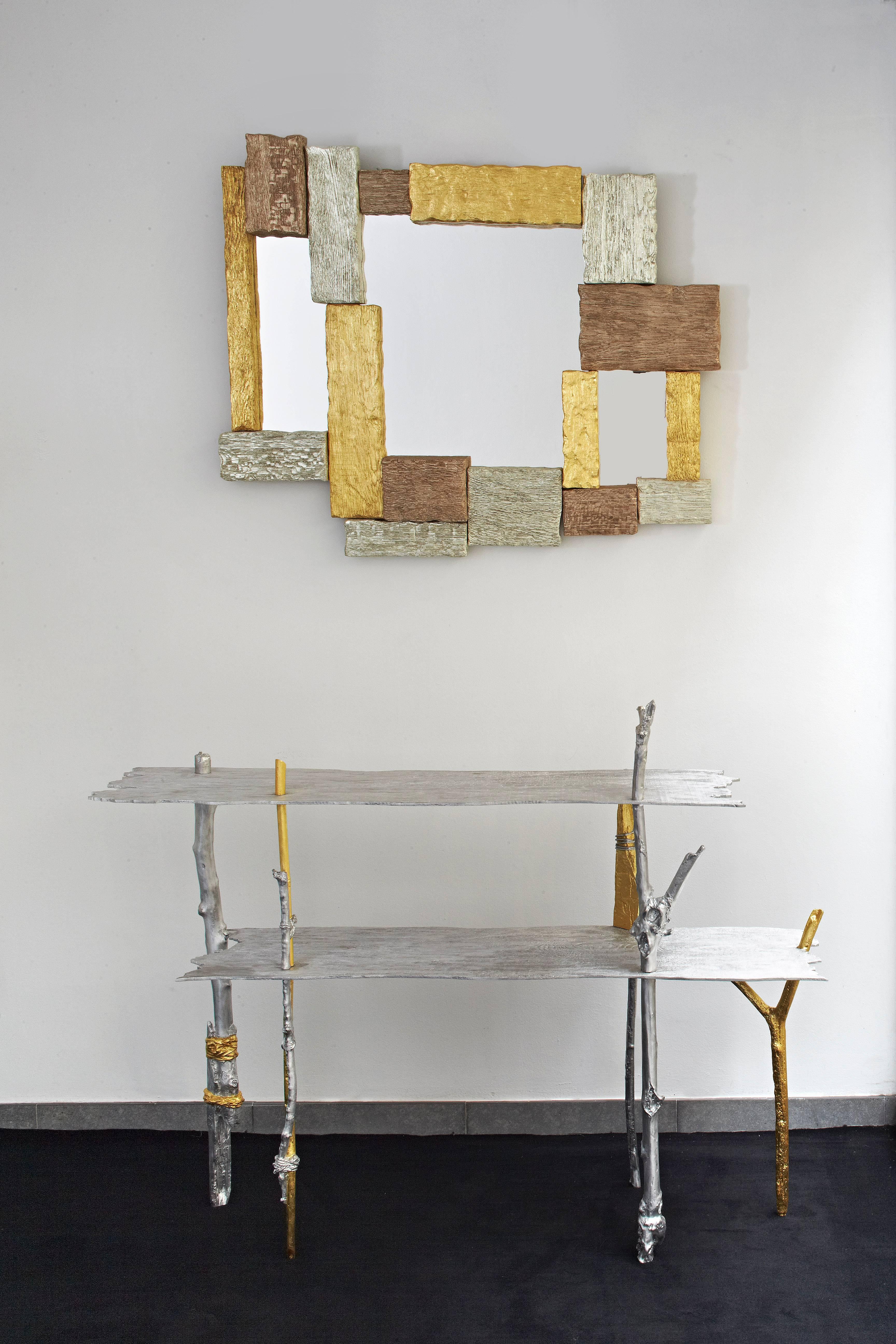 Brushed MUR Mirror, Scarified Oak and Elmwood, Gold Leaves, Mattia Bonetti, in Stock