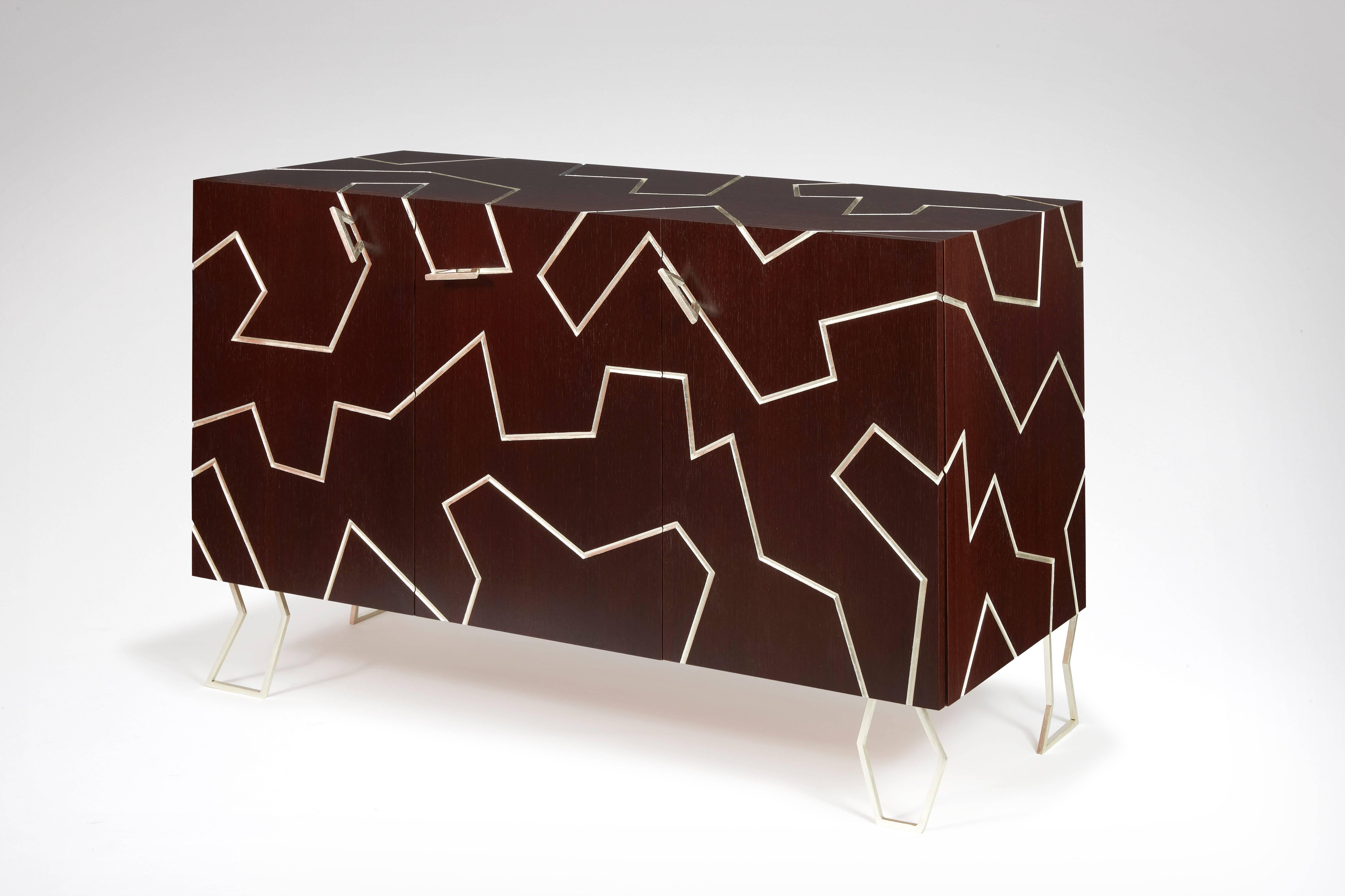 French Zanzibar Sideboard. Wenge wood. White gold leaves.  Garouste and Bonetti.  For Sale