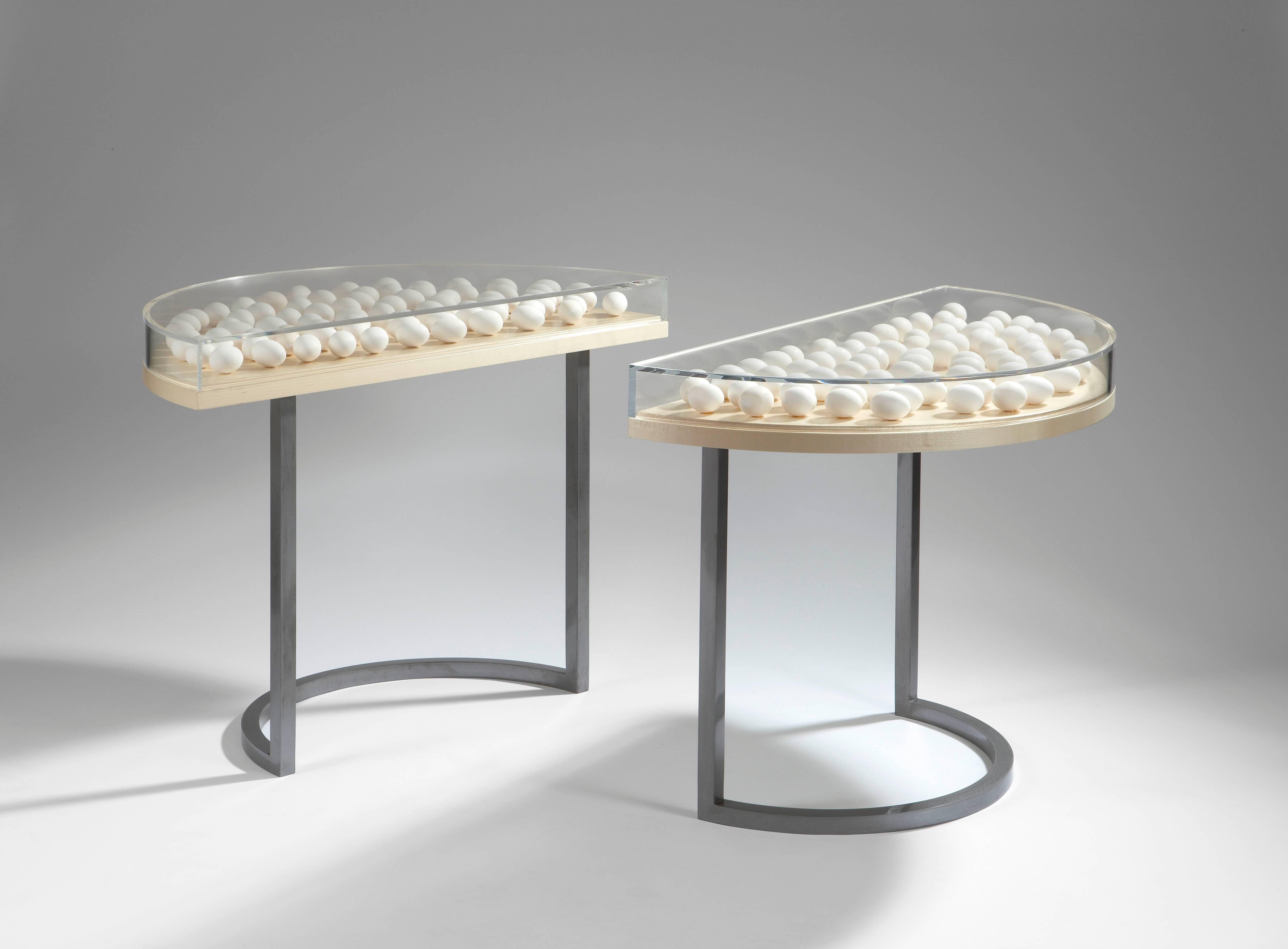 Egg table
Console/ round table.
Cat-Berro edition 2008
Top in plexiglass and sycamore. Eggs. Steel base.
Measure: O 100cm, H 73cm.
Création 2008.
One off piece

Pricing does not include sales tax (French VAT) if applicable.