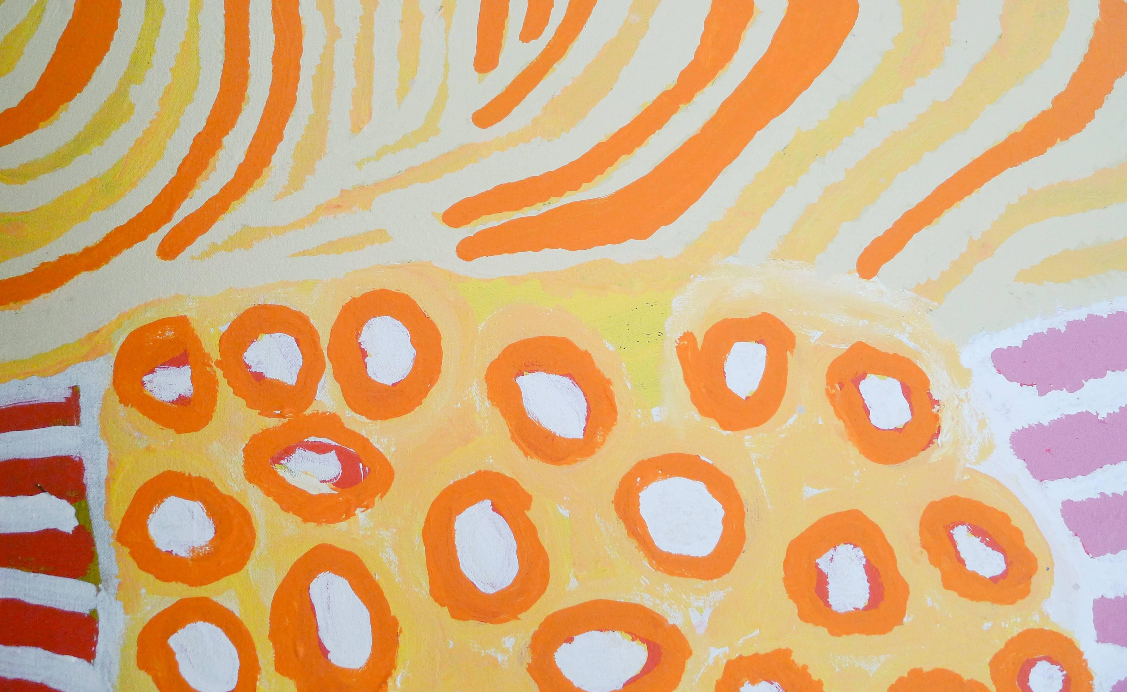 Tribal Australian Aboriginal Painting with Yellow, Pink and Orange by Alice Nampitjinpa