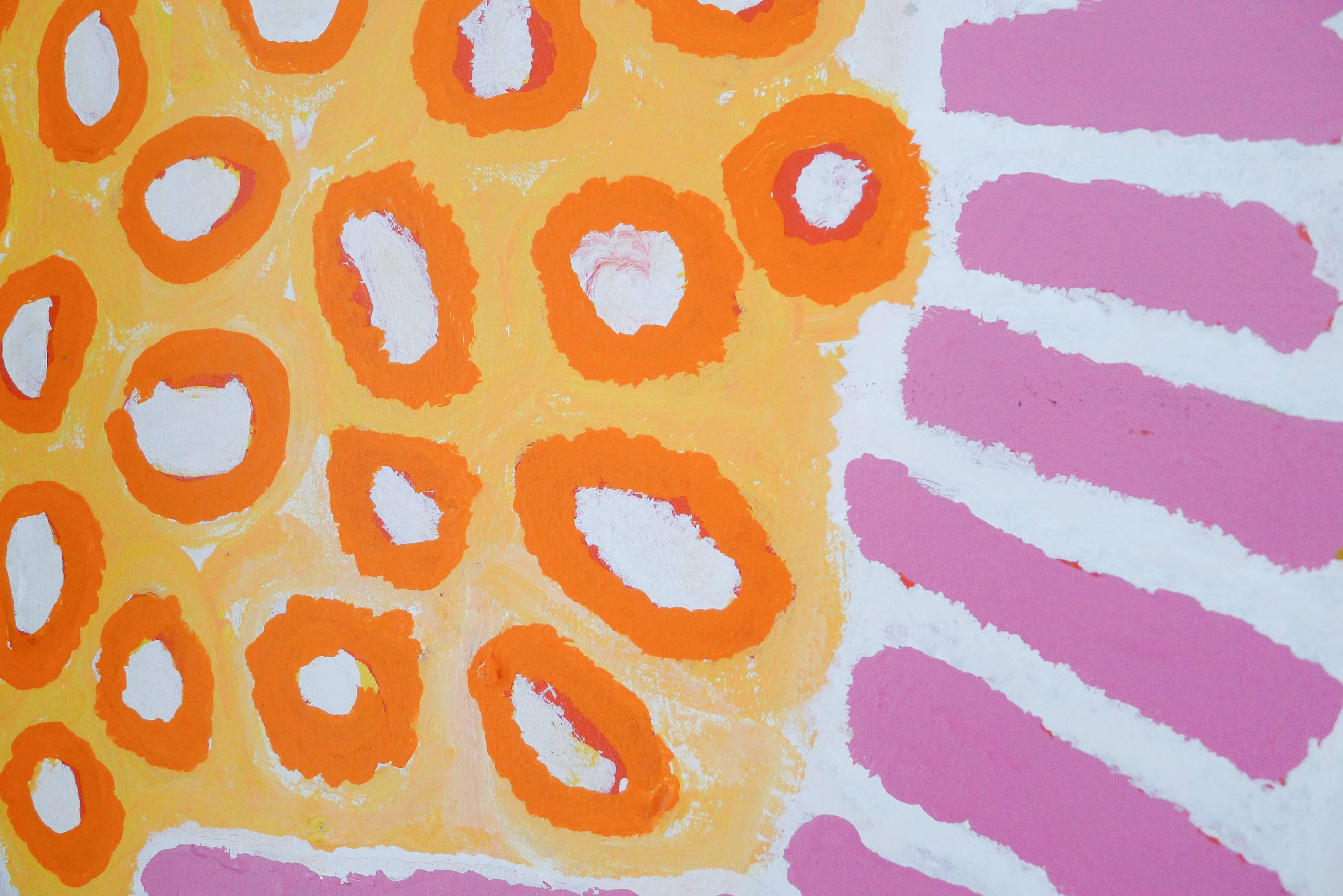 Painted Australian Aboriginal Painting with Yellow, Pink and Orange by Alice Nampitjinpa