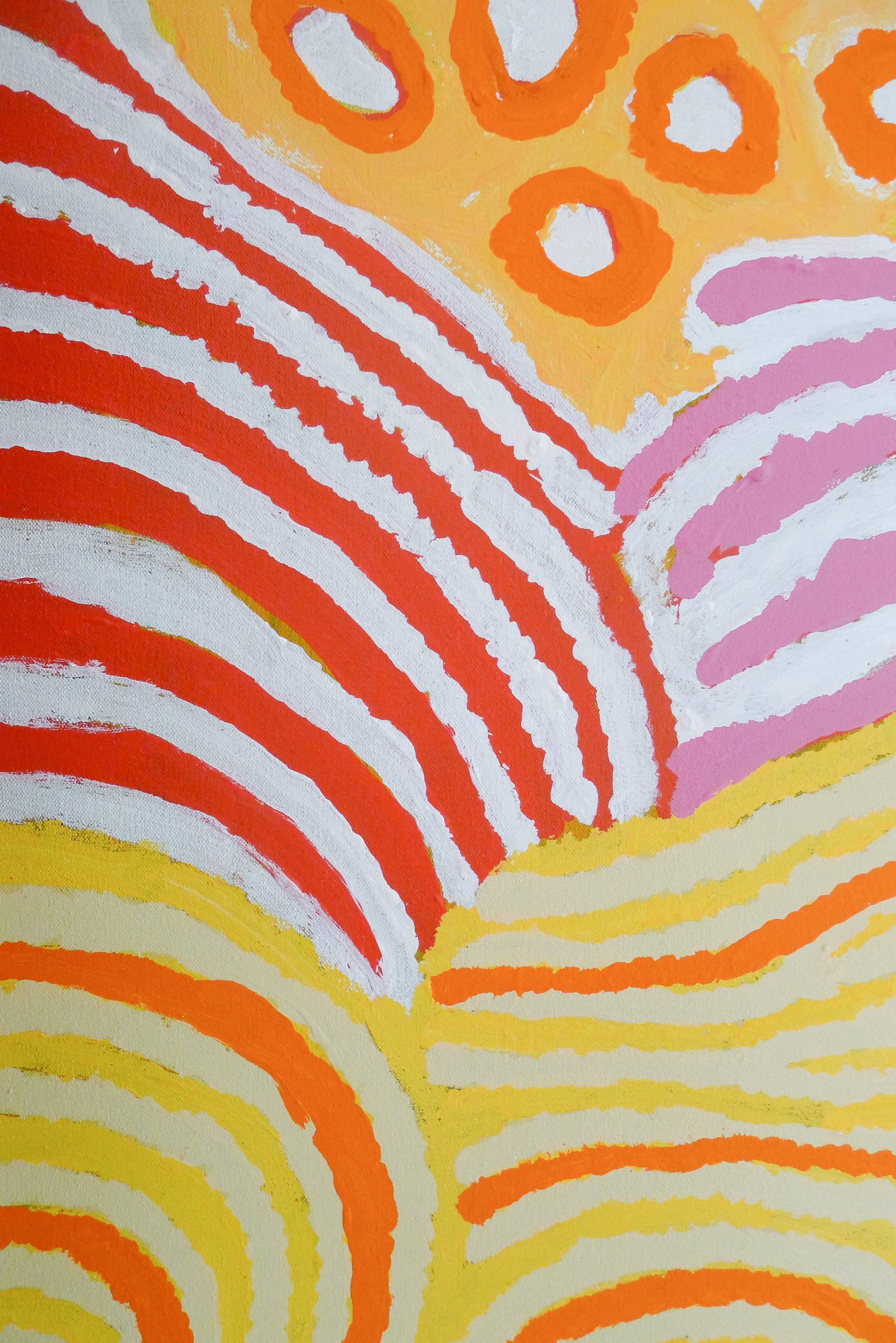 Australian Aboriginal Painting with Yellow, Pink and Orange by Alice Nampitjinpa In Excellent Condition In London, GB