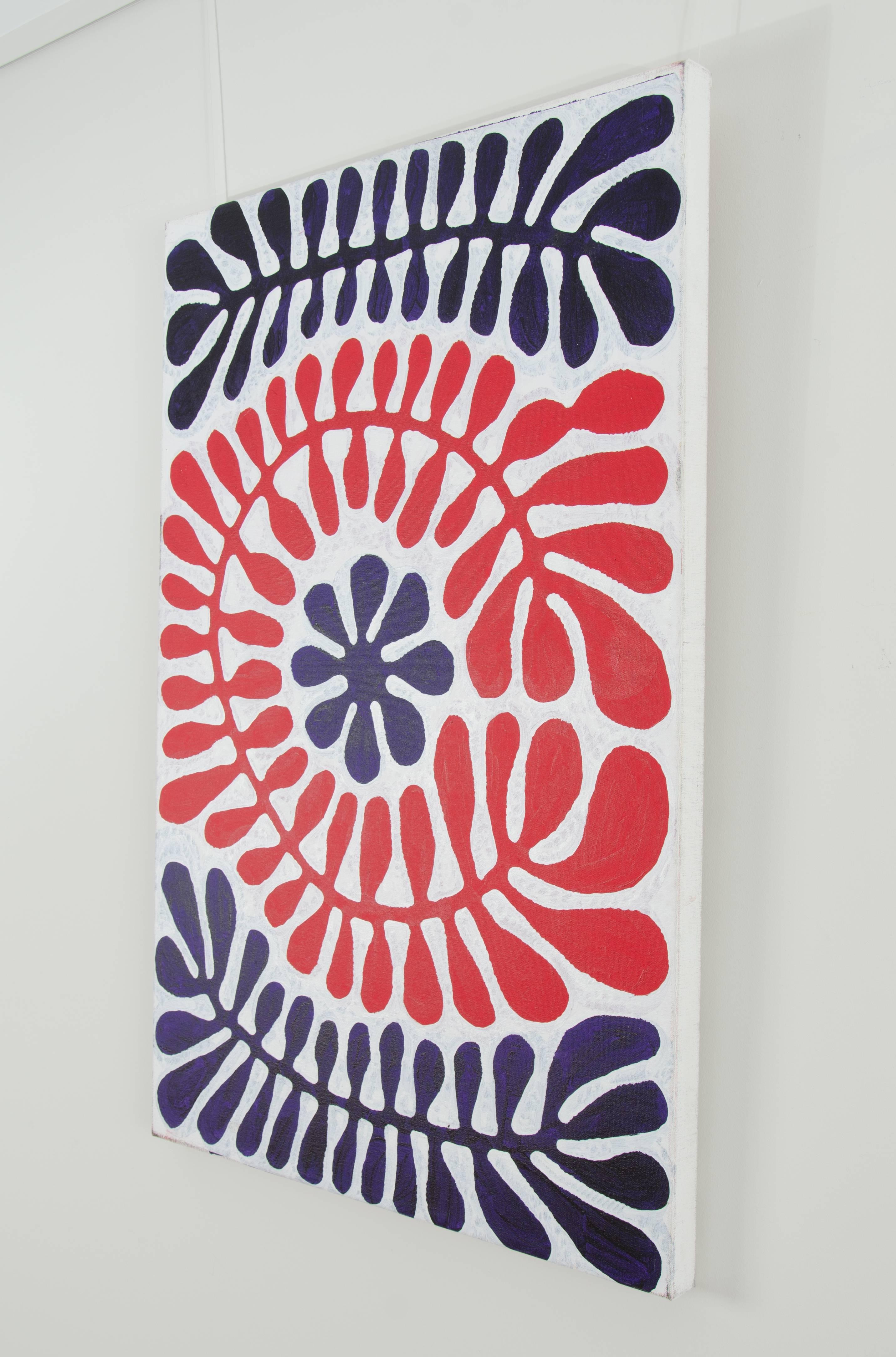 Painted Blue and Red Australian Aboriginal Painting, Plant Pattern Design