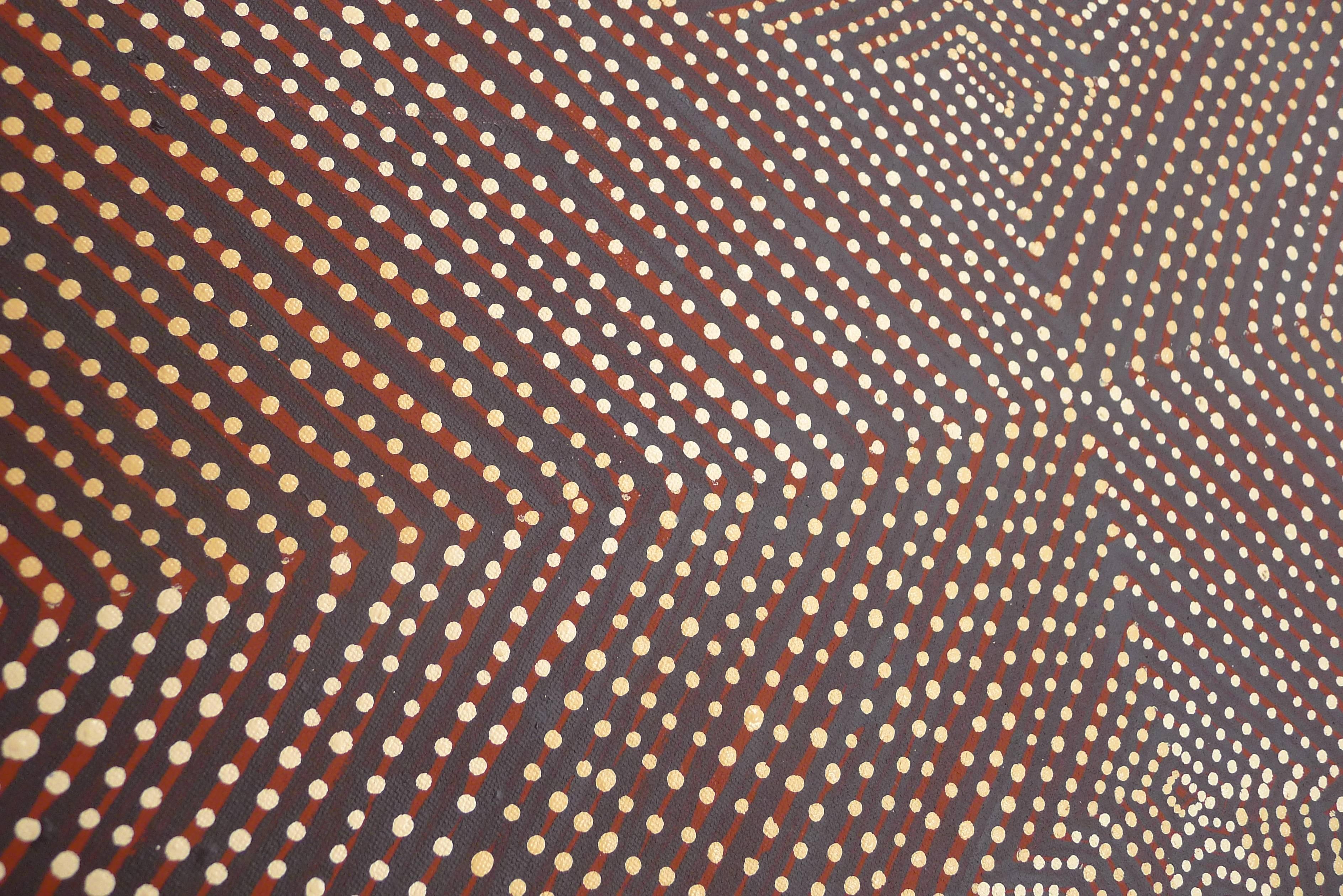 This mesmerizing acrylic on canvas by aboriginal Australian artist Maureen Poulson Napangardi creates an undulating visual pattern through fine dotting. A simple composition on first viewing reveals interesting use of different colors and tones to