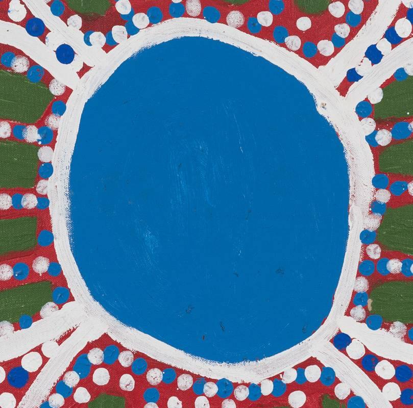 'Pilalu' by Spider Snell.

This small painting is a great entry point to the world of Australian Aboriginal painting. Spider Snell is a distinguished elder in his community and this work depicts a particular rock hole or desert spring in his area