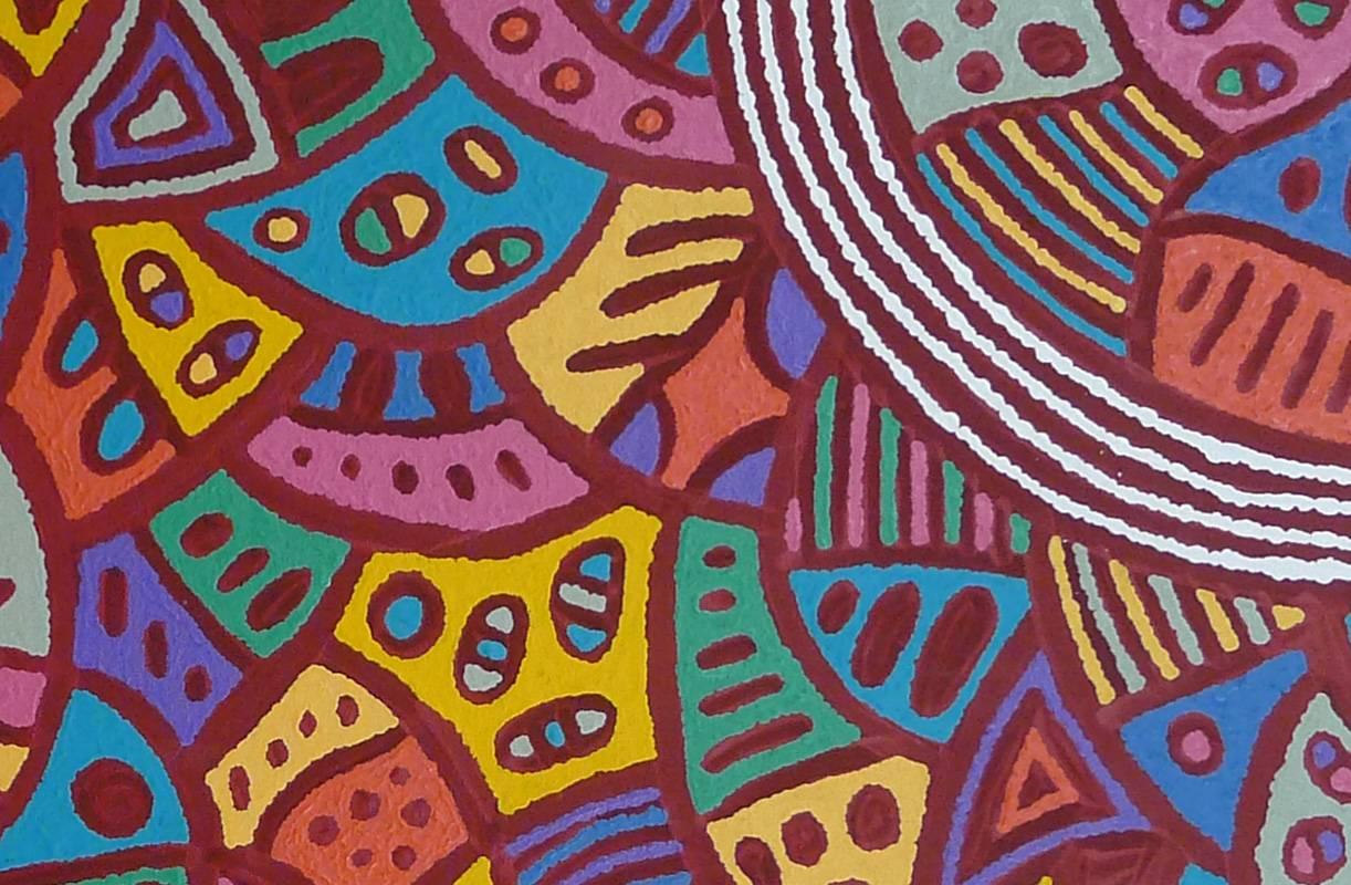 Painted Multicoloured Australian Aboriginal Painting with Bold Graphic Lines