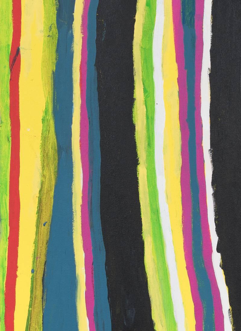 'Kurtal - Living Water' by Jukuja Dolly Snell.

This extremely vividly colored painting uses vertical stripes of different colors to create an intense visual experience. The parts of the painting that are black hint at a depth beyond the surface
