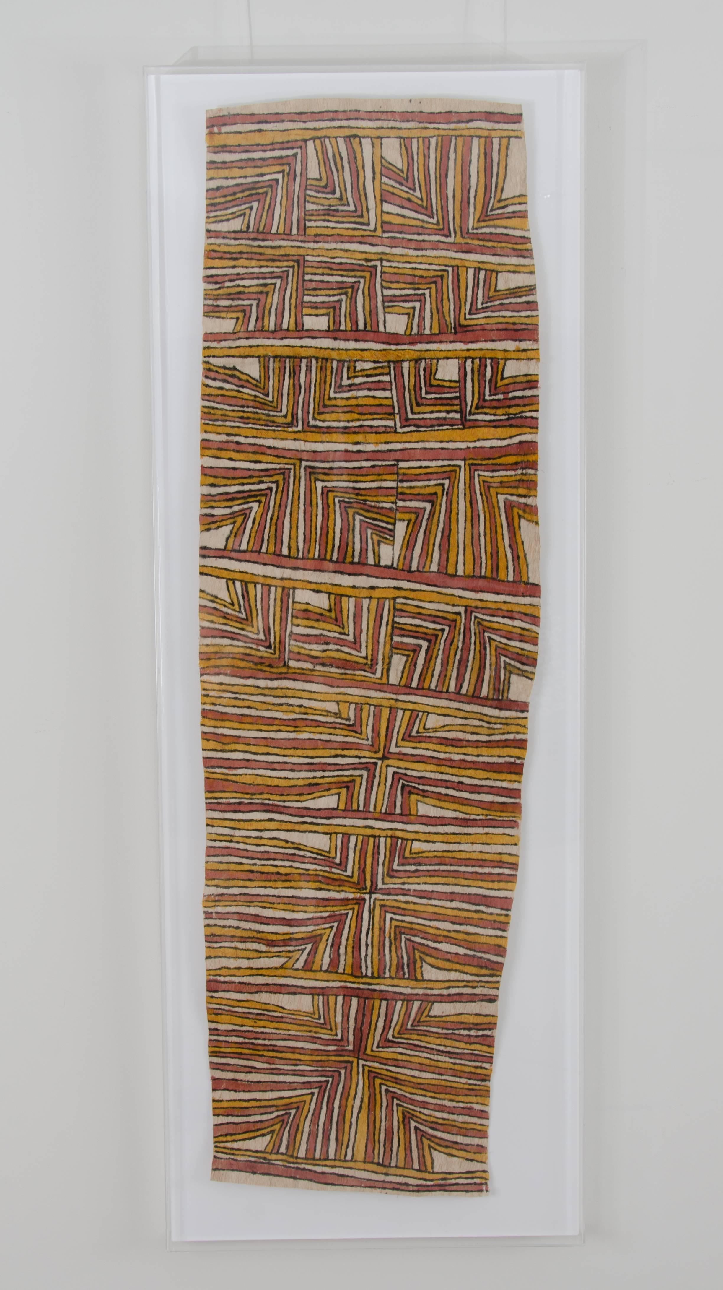 Brenda Kesi - 'Leaves of the Bamboo' - Omie bark cloth.

The work is presented in a clear perspex frame.

Painting on a cloth made from tree bark fibres is a tradition that goes back many thousands of years among the Omie people of Papua New Guinea.
