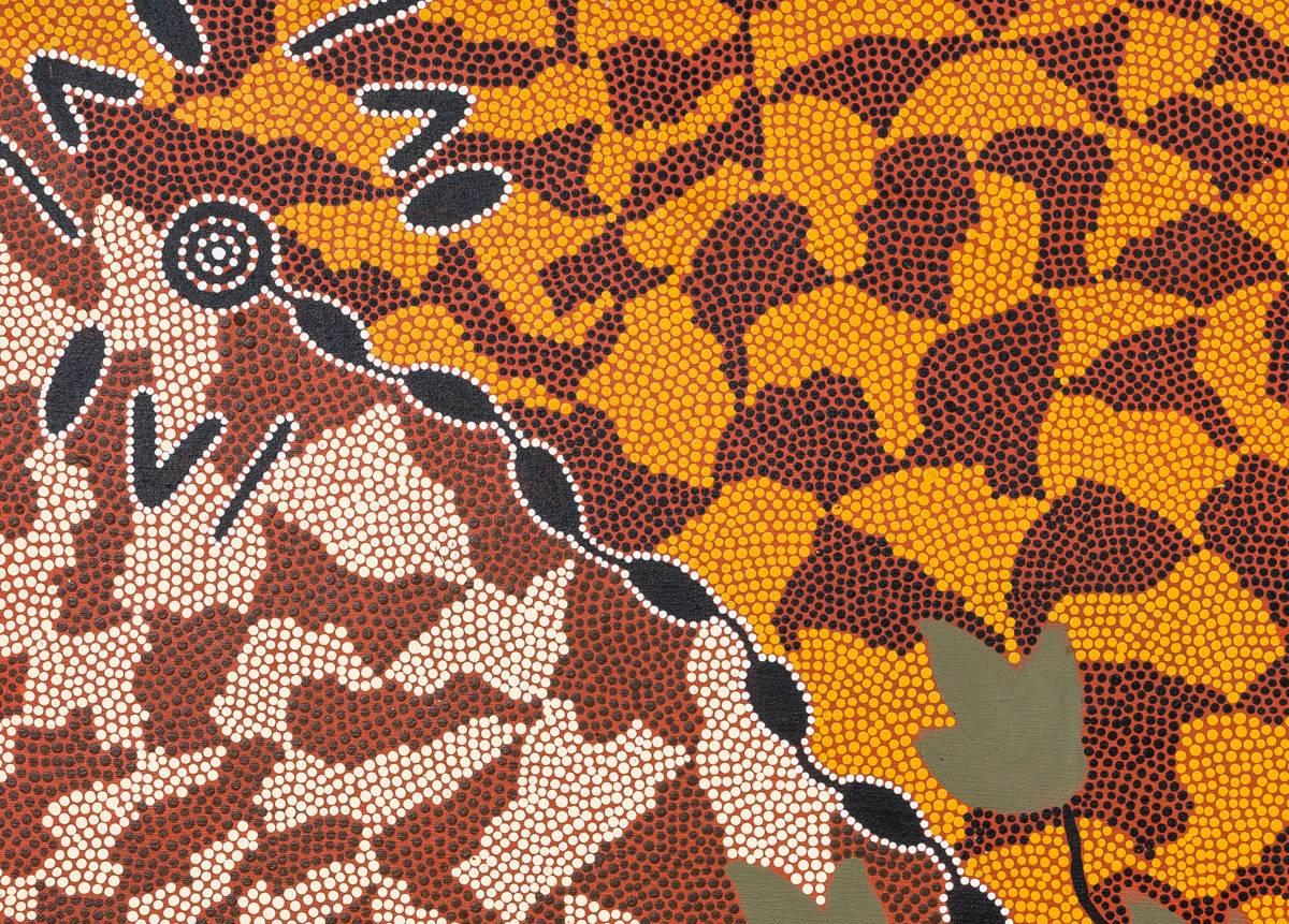 Painted 'Bush Yam Dreaming' Australian Aboriginal Painting by Eu Napaltjarri For Sale