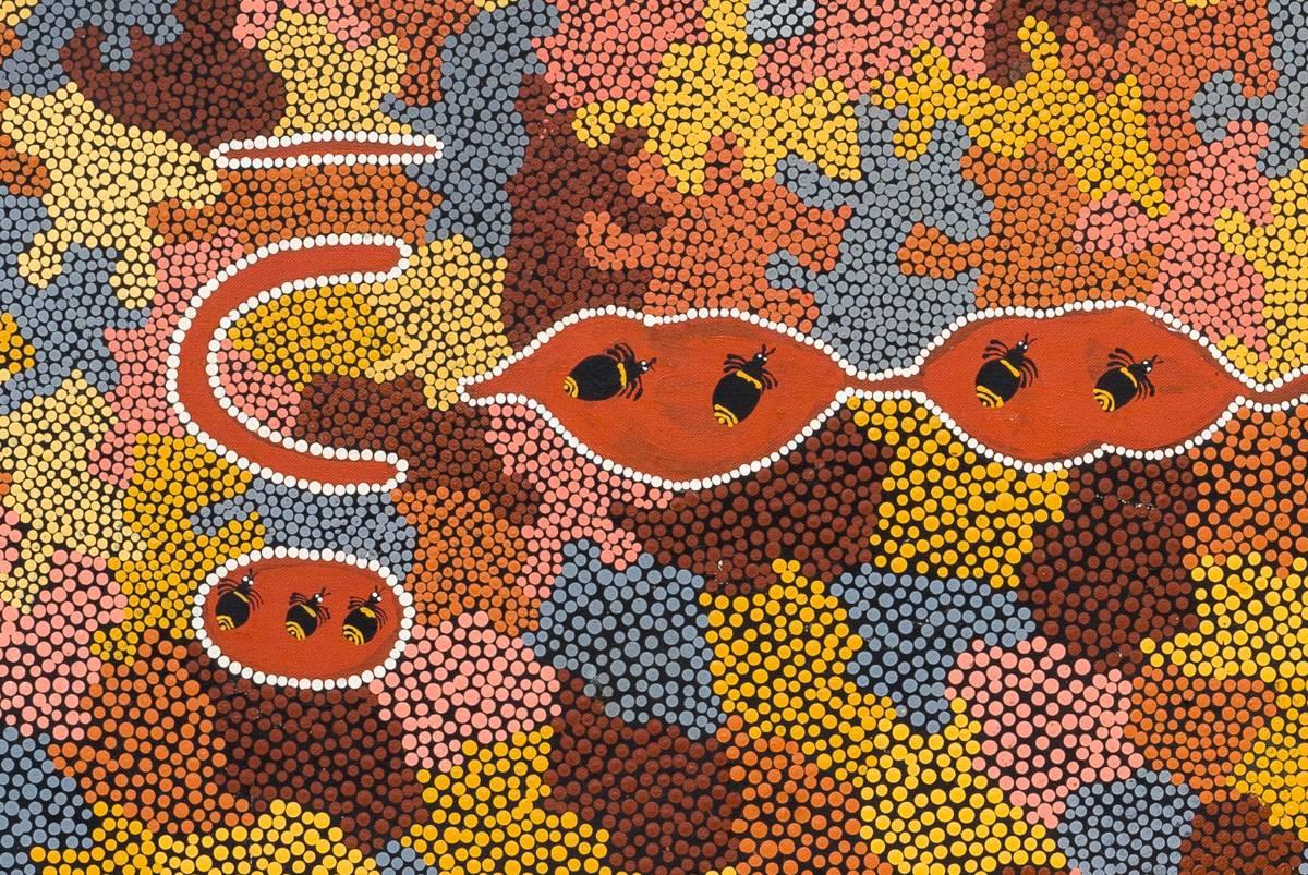 Please note this painting will be shipped rolled up with stretcher bars. To enquire about shipping in a crate, please enquire.

This exciting, traditional aboriginal painting highlights the 'dot' technique and earthy colour scheme that initially