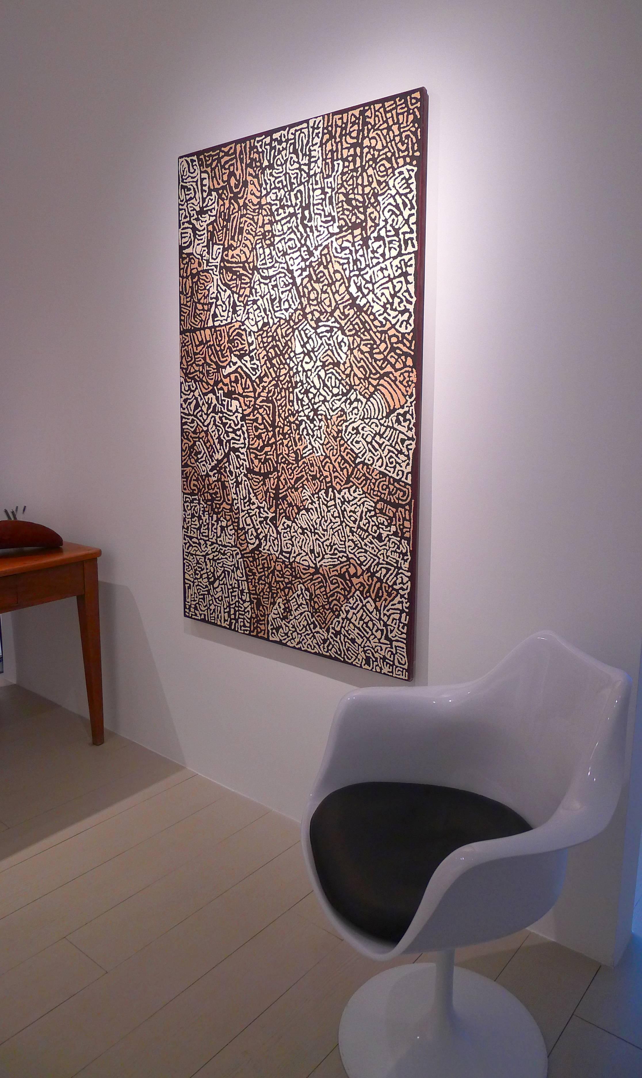 This work has a very controlled palette and excellent pattern making, utilising strong earthy ochres and confident detail given with the brush.
Information given on the artist:
Beyula is telling the story of the Kalinykalinypa or desert grevillea