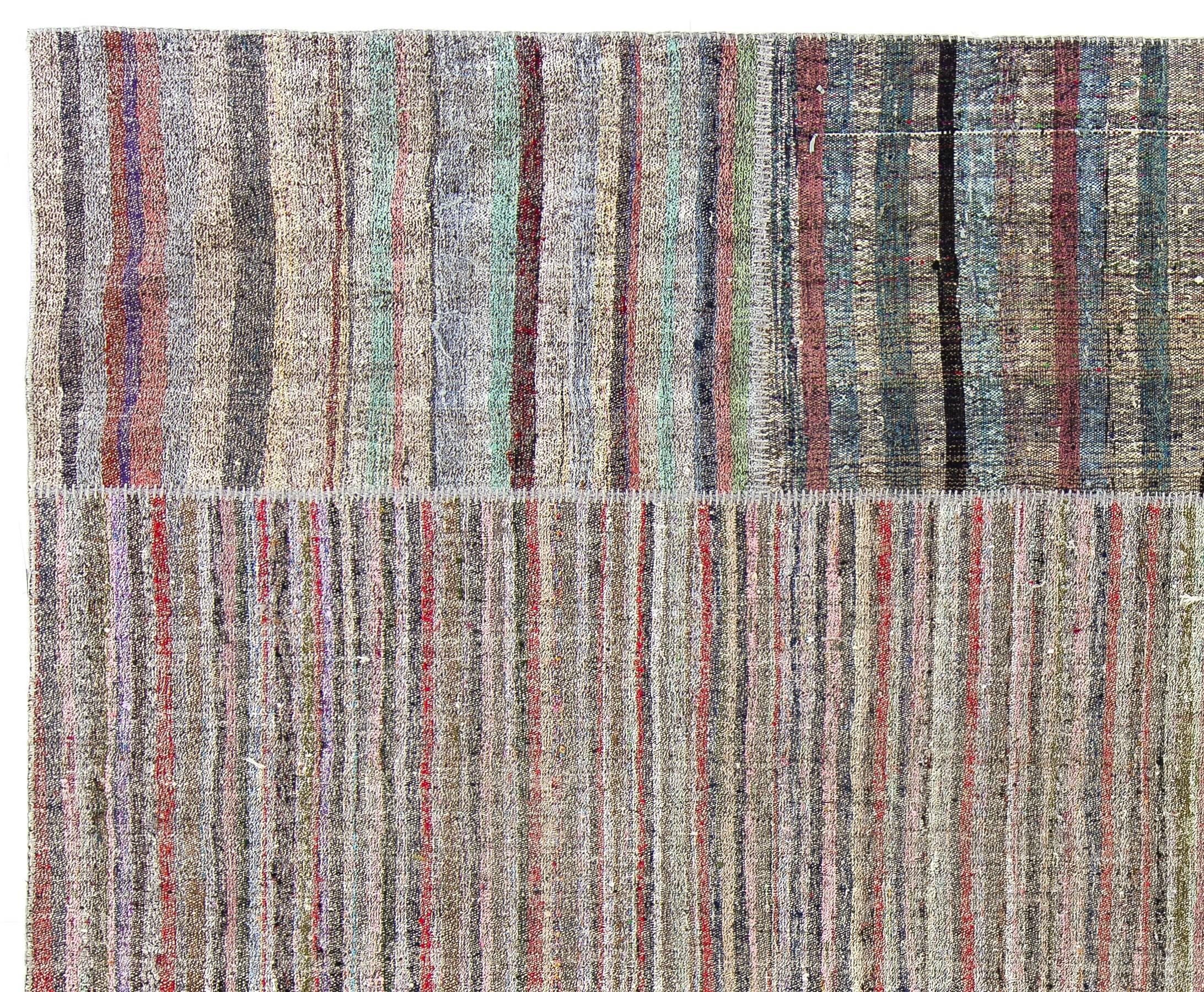 Hand-Woven Cotton and Goat Wool Kilim Rug with Colorful Stripes