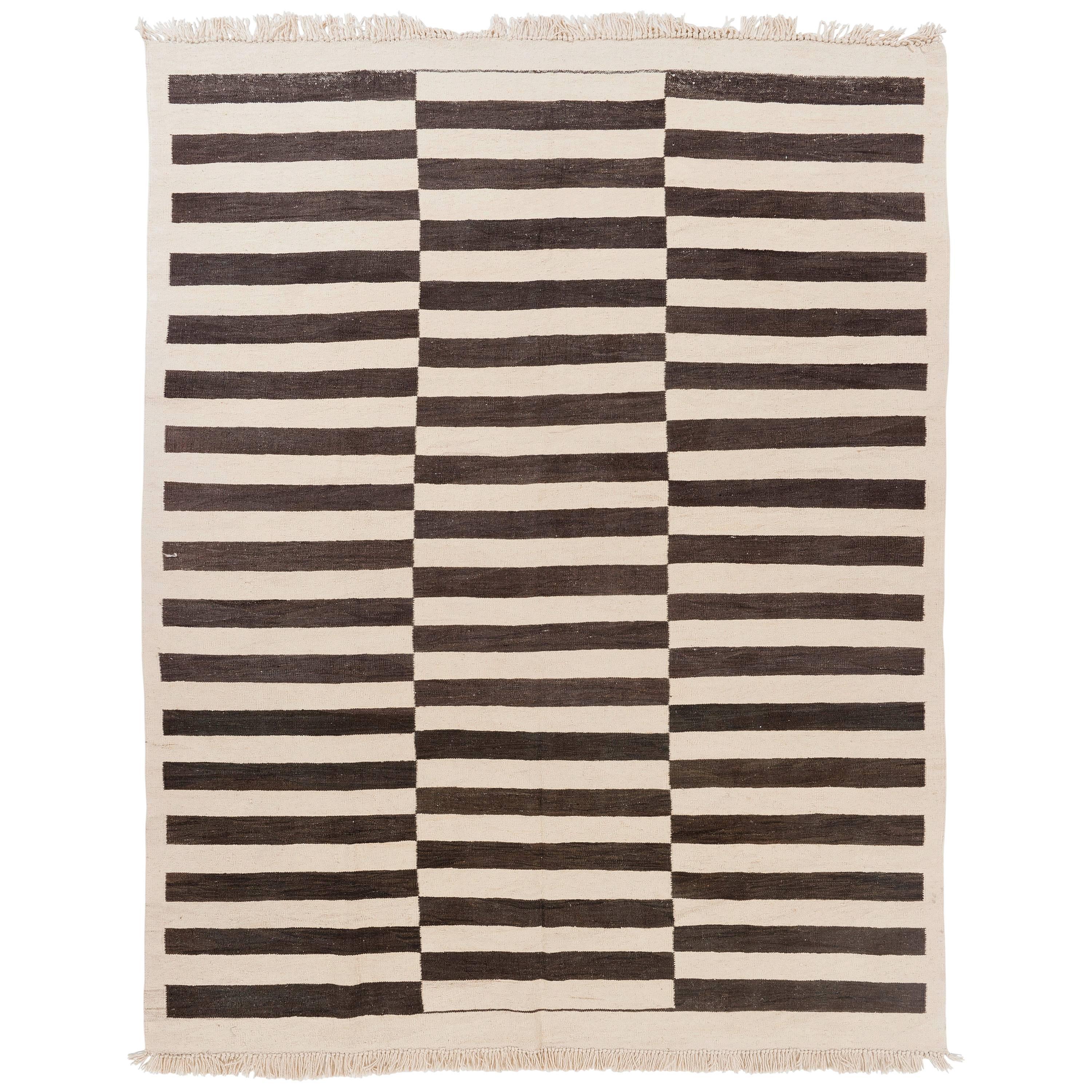 Banded Anatolian Kilim Made of Natural Undyed Wool