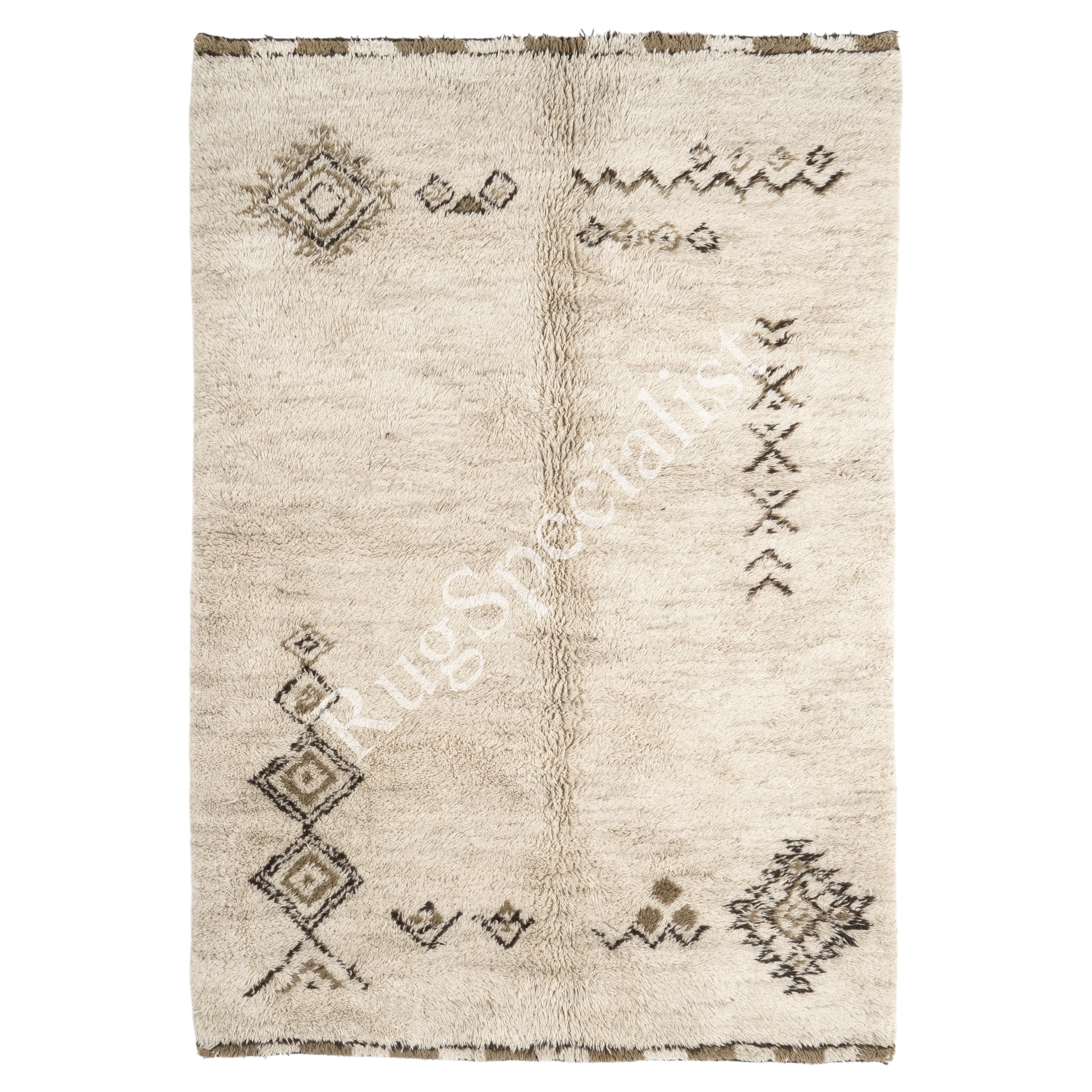 Handmade Moroccan Style Wool Rug with Tribal Geometric Motifs in Natural Tones