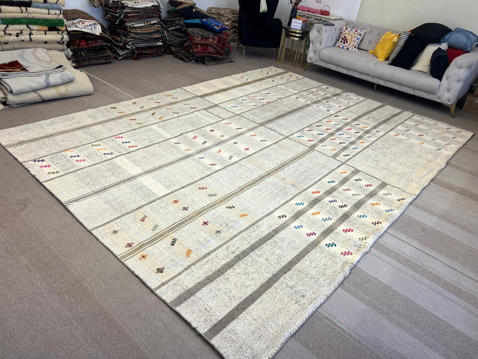 10.4x14 Ft Vintage Patchwork in lana tessuta a mano a trama piatta / Kilim. Tappeto turco