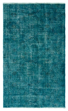 3.8x6.2 ft Handmade Turkish Accent Rug in Teal Blue, Modern Re-Dyed Small Carpet