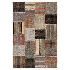 5.9x8.4 ft Handwoven Turkish Patchwork Kilim, Beige, Gray & Rust Flatweave Rug