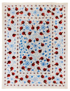 6.3x8 Ft Silk Embroidery Bed Cover. Red and Blue Wall Hanging. Uzbek Tablecloth