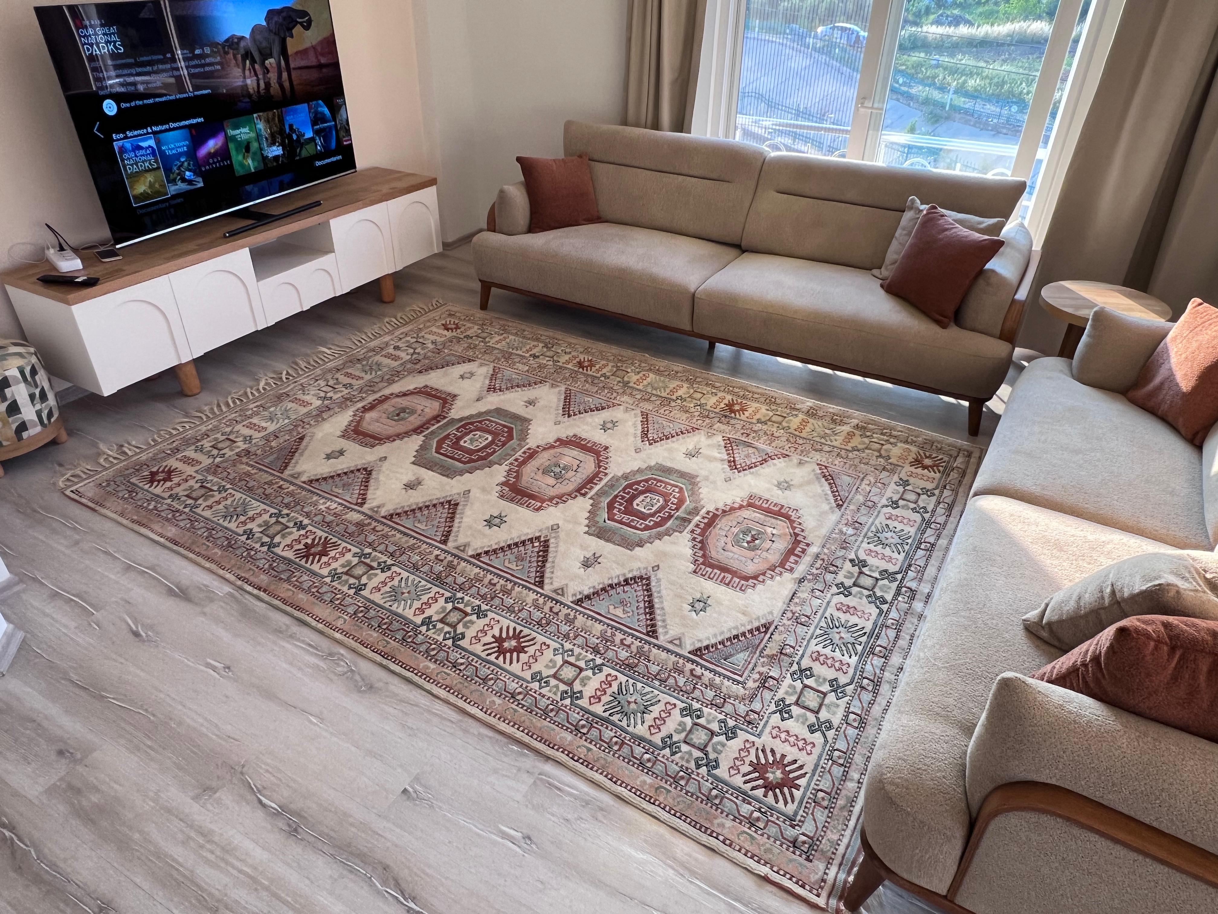 7.2x9.2 Ft One-of-a-kind Vintage Handmade Turkish Area Rug. 100% Natural Wool