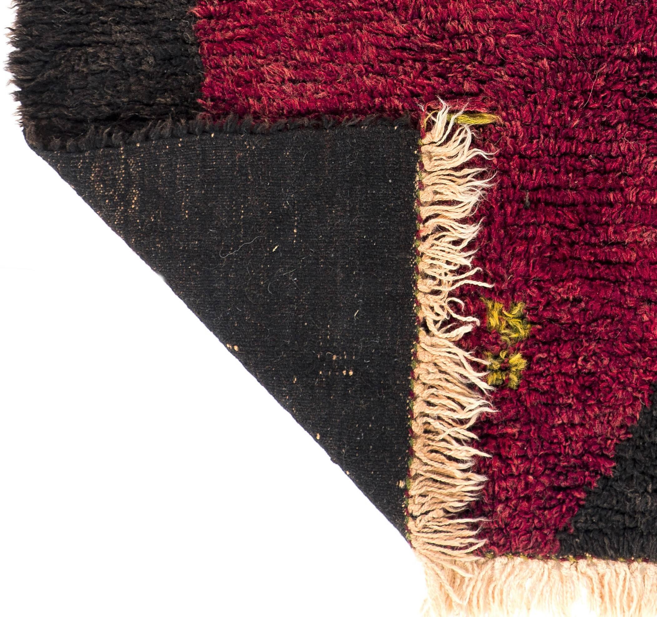 Minimalist One-of-a-Kind Vintage Hand-knotted Turkish Tulu Rug in Red and Brown. 100% Wool.