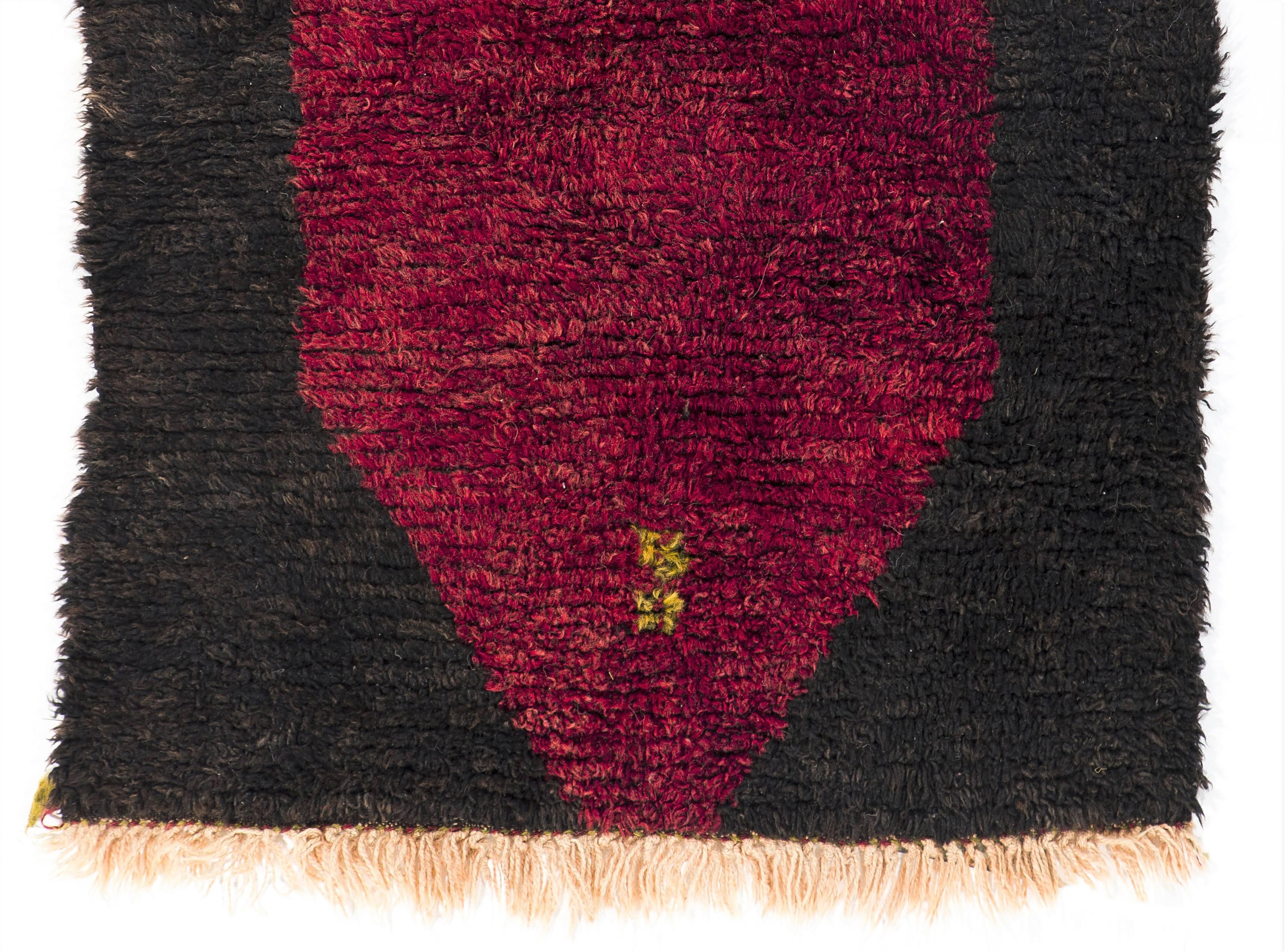 Hand-Knotted One-of-a-Kind Vintage Hand-knotted Turkish Tulu Rug in Red and Brown. 100% Wool.
