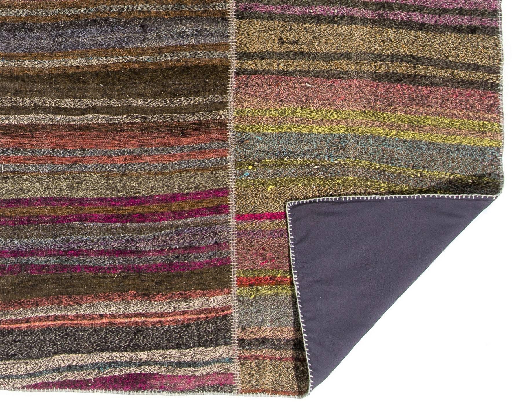 Hand-Woven Vintage Banded Turkish Flat-Weave Kilim Rug