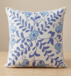 Daisy Pattern Silk Embroidery Cushion Cover in Ivory & Light Blue