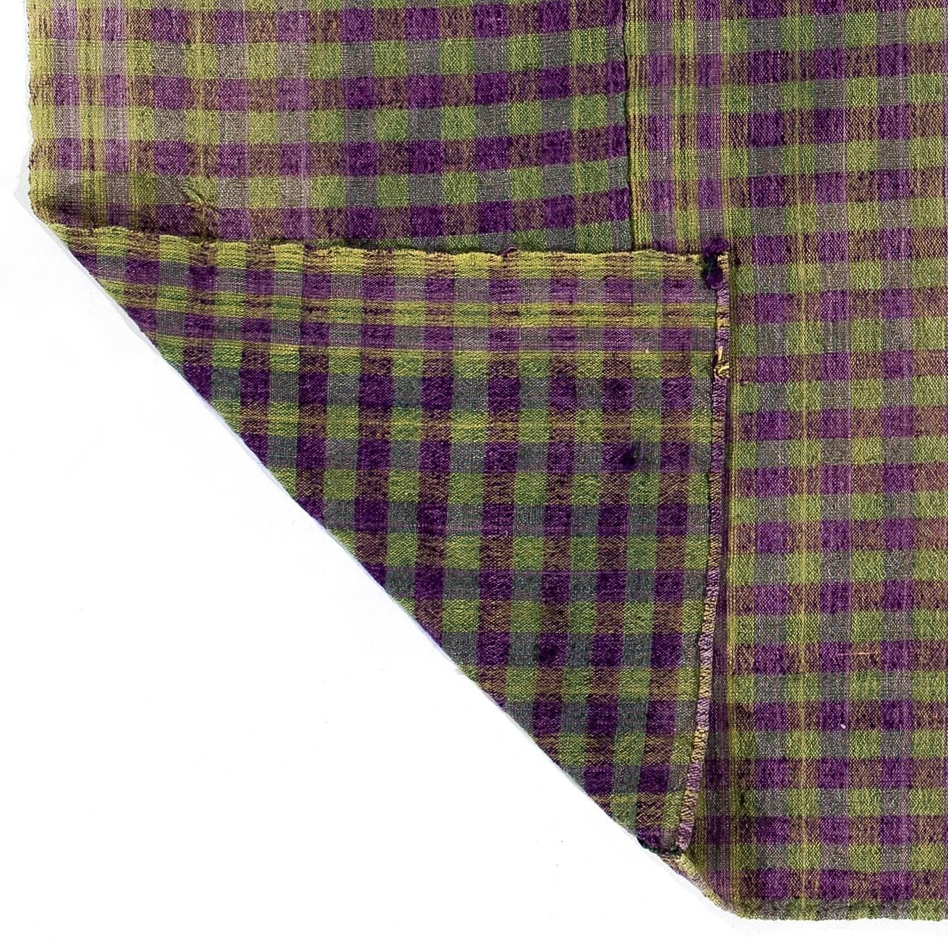 Vintage checkered Turkish flat-weave in purple and citrus green color. All wool.