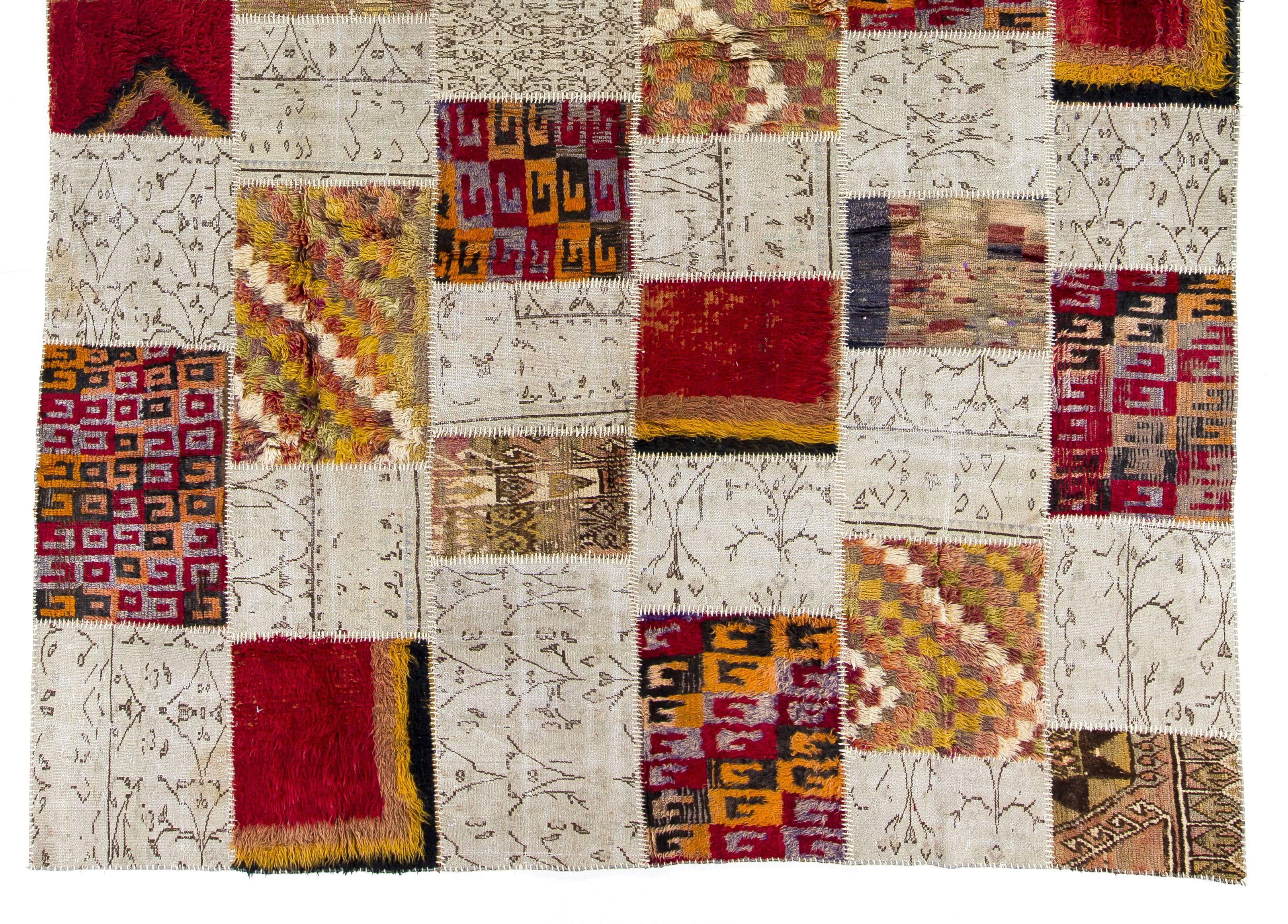 Hand-Woven One of a Kind Patchwork Rug made of Vintage Tulu and Oushak carpets
