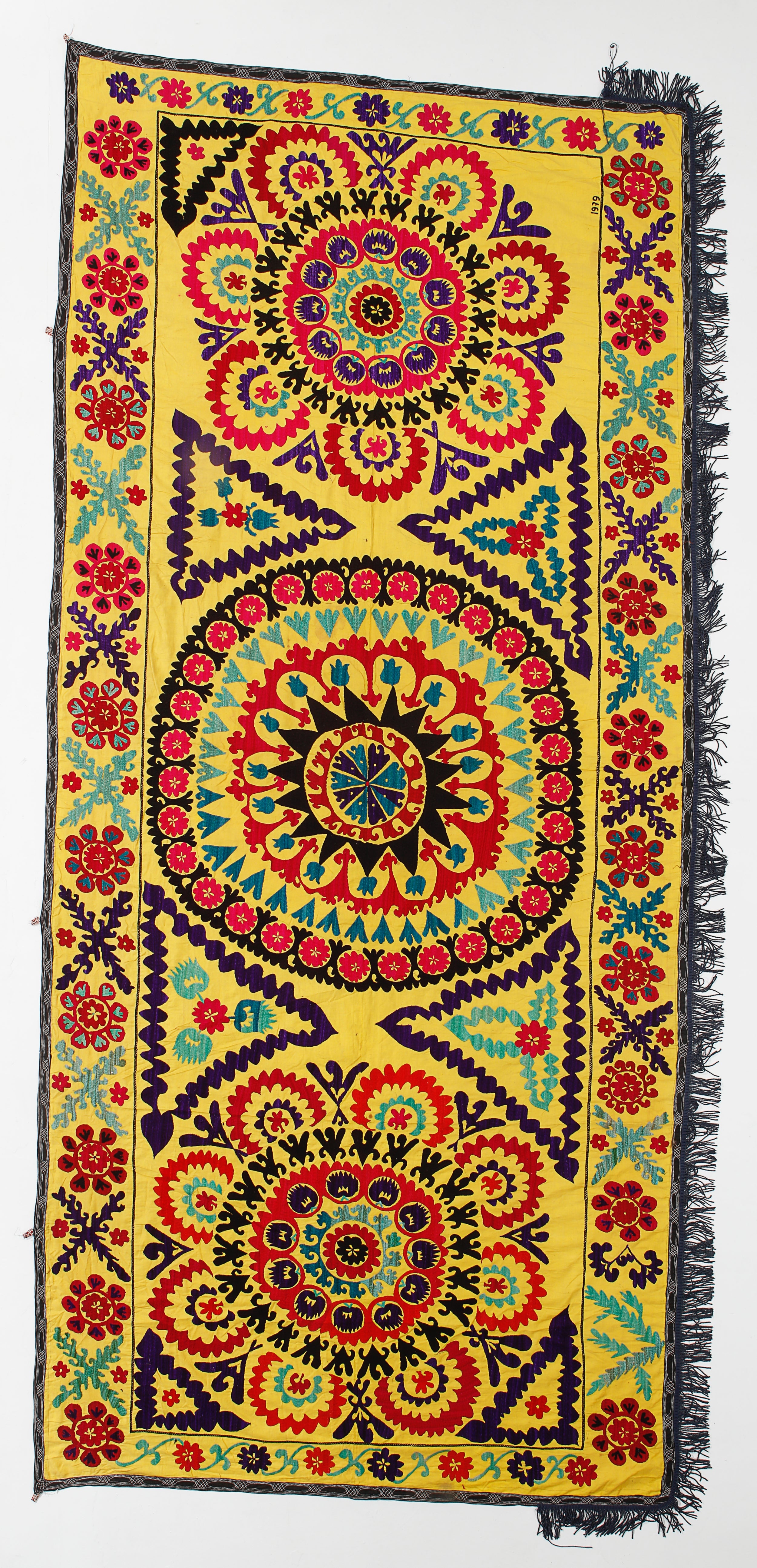 4.7x10.5 ft Handmade Suzani Wall Hanging in Yellow. Silk Embroidery Table Runner