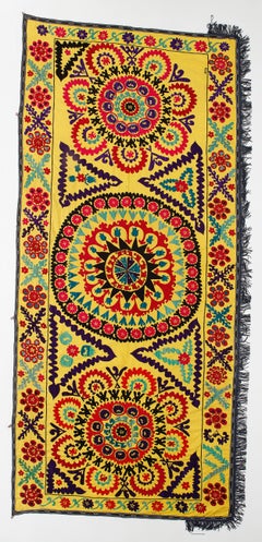 4.7x10.5 ft Handmade Suzani Wall Hanging in Yellow. Silk Embroidery Table Runner