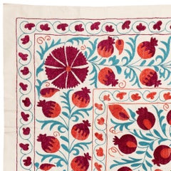 4.8x6.8 Ft Silk Embroidery Wall Hanging in Red, Blue & Ivory. Suzani Wall Decor
