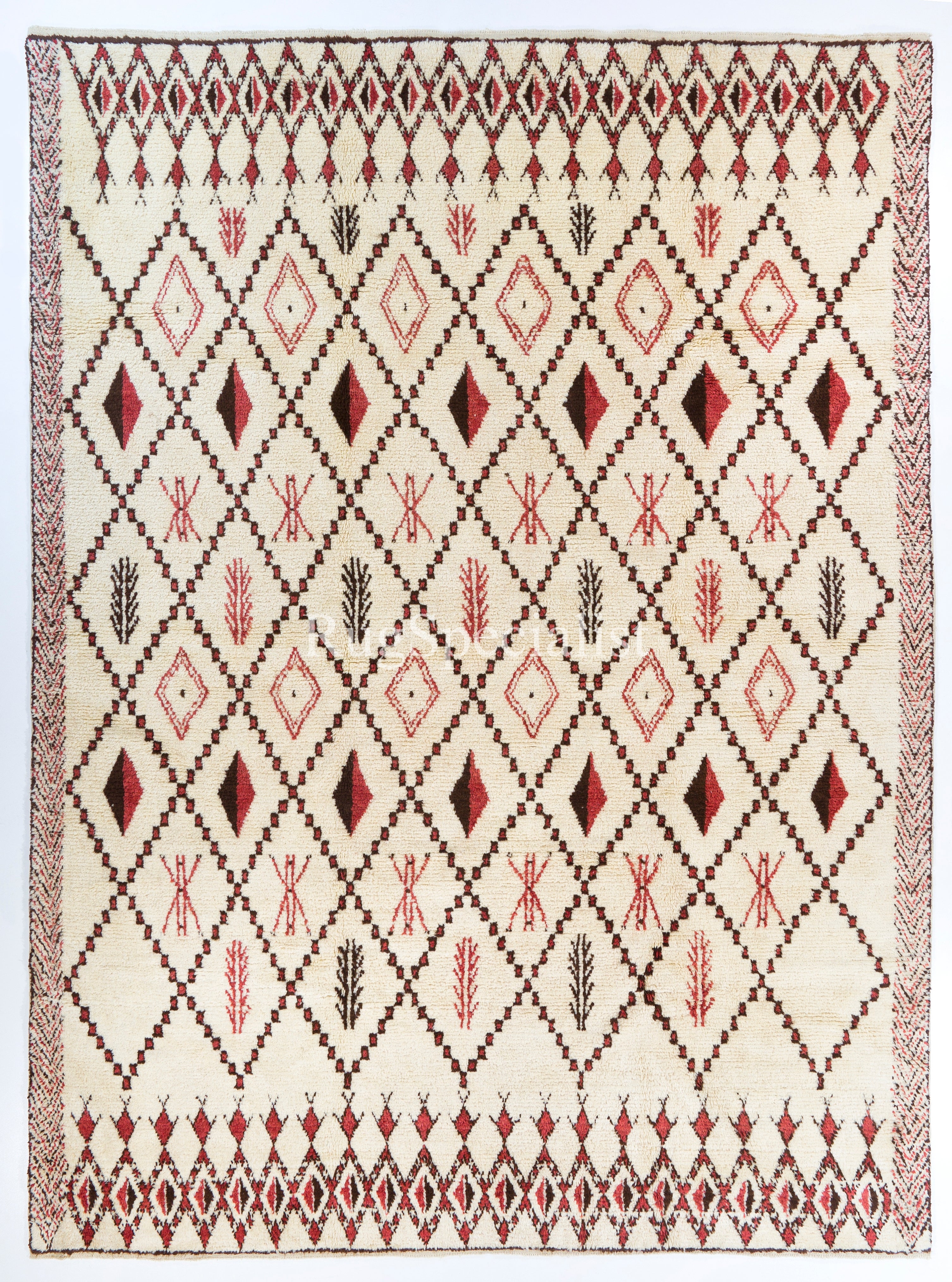 10.5x14.4 Ft Modern Moroccan Tulu Wool Rug in Beige, Red & Brown. Made-to-order