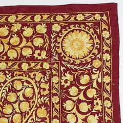 4.8x7 Ft Traditional Silk Embroidery Wall Hanging. Red & Yellow Suzani Bed Cover