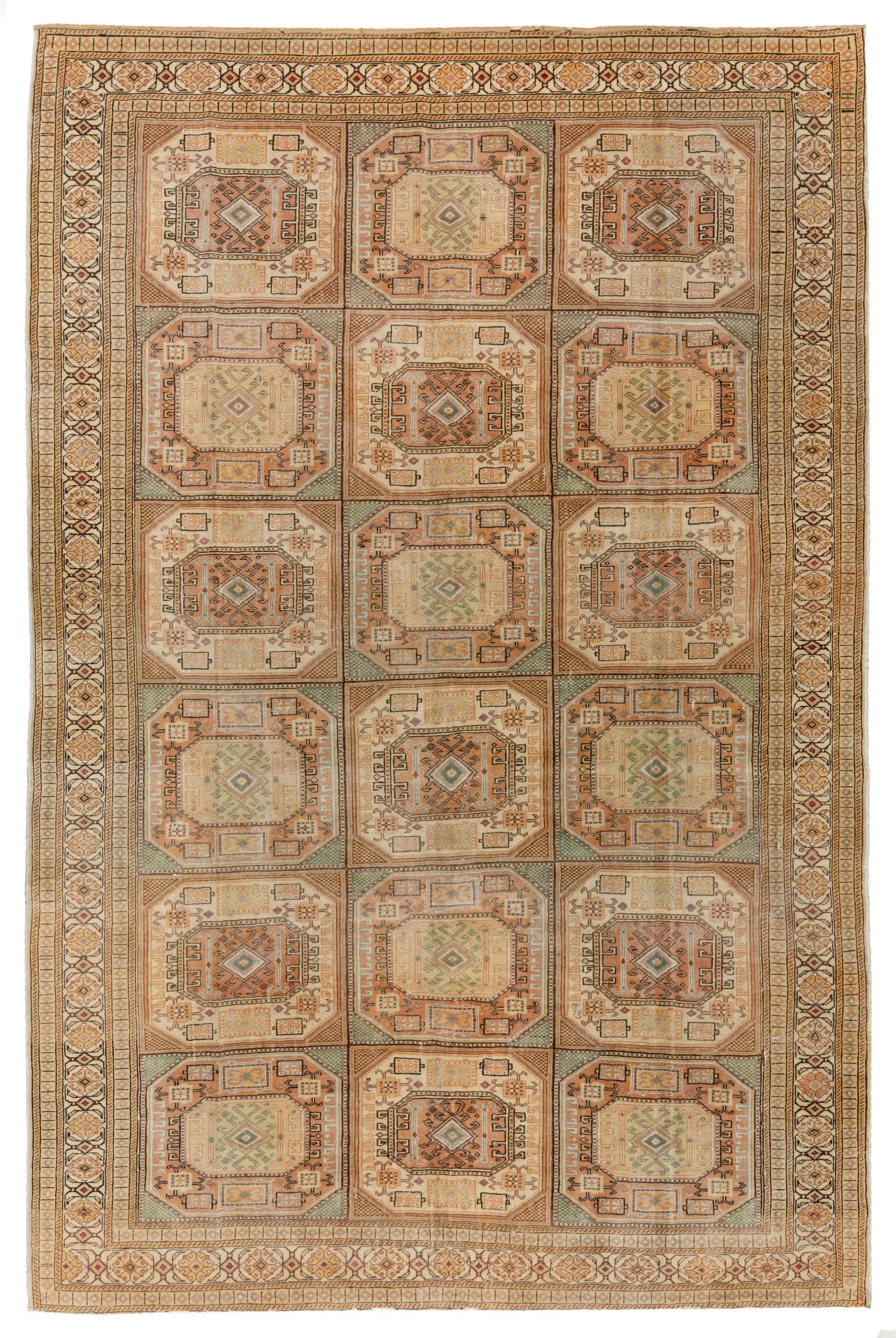 6.5x9.4 Ft Vintage Turkish Rug. Muted Colors, Geometric Design & Tribal Patterns For Sale