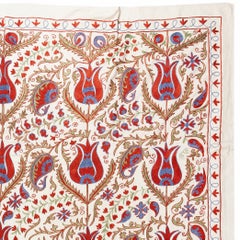 7.6x9 ft Silk Embroidery Bed Cover, Suzani Wall Hanging, Needlework Tablecloth