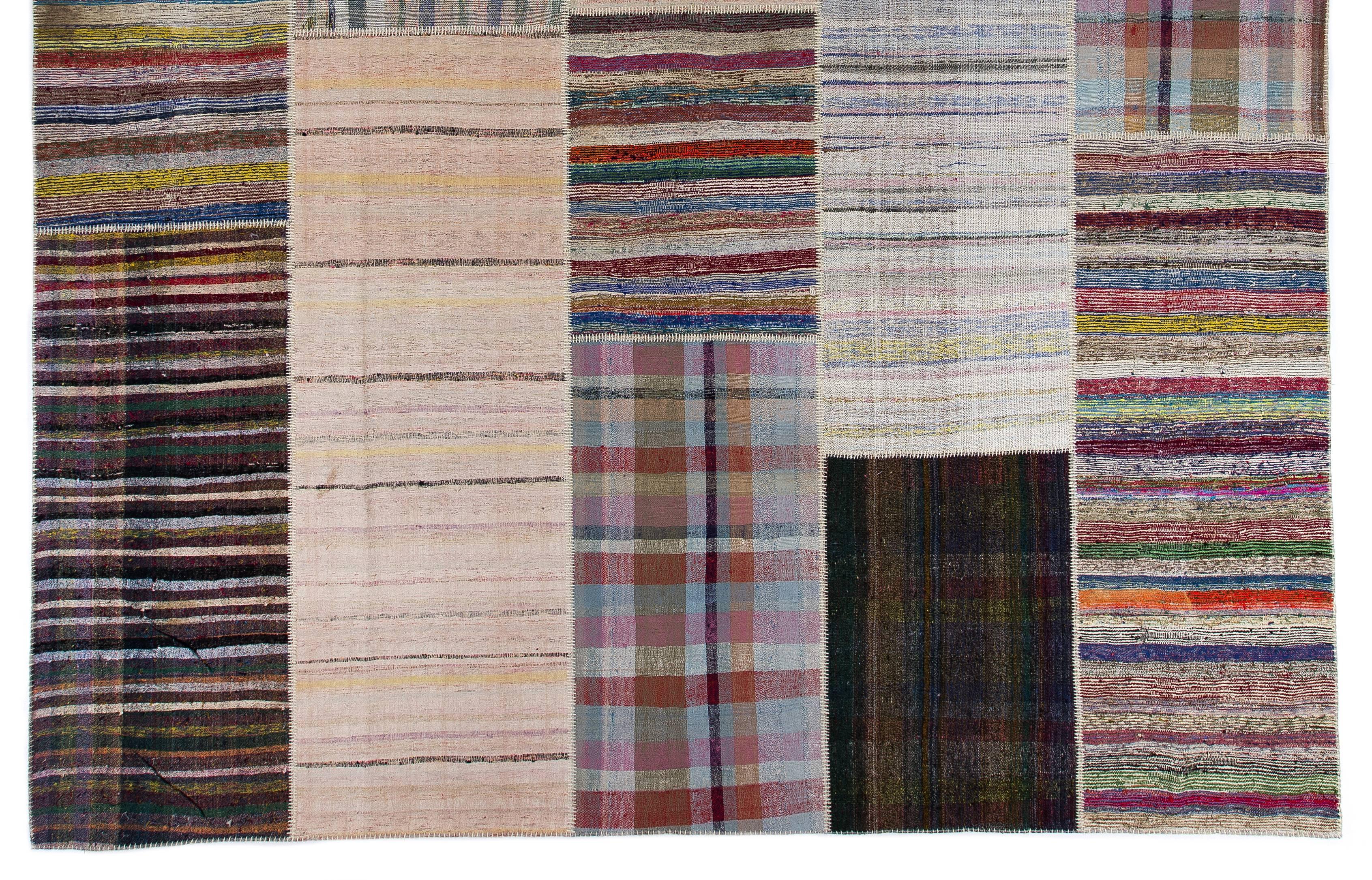 Hand-Woven Vintage Cotton Rag Rug. Kilim carpet, Size Adjustable