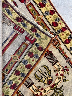 Tappeto da preghiera in lana turca vintage 3x4.3 Ft raffigurante un arco, colonne e fiori