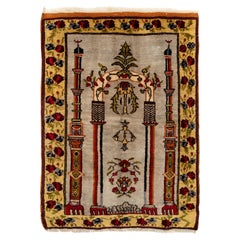 Tappeto da preghiera in lana turca vintage 3x4.3 Ft raffigurante un arco, colonne e fiori
